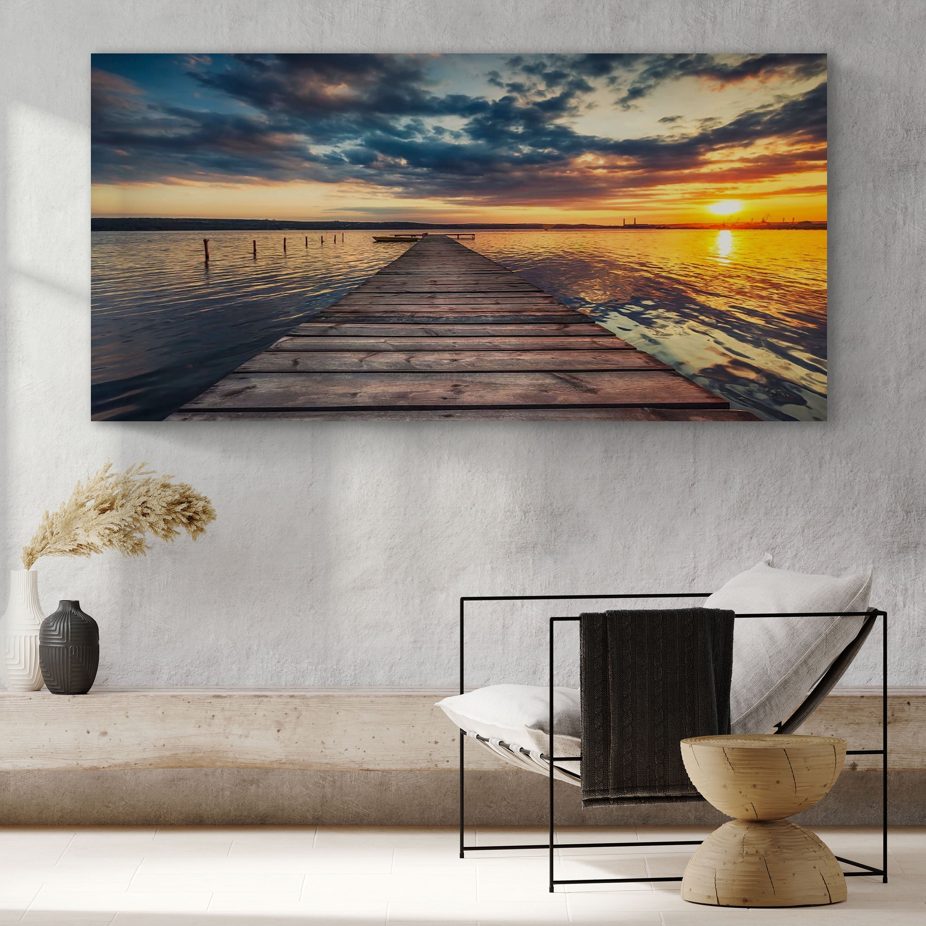 Small Dock By The Vibrant Lake Canvas Wall Art on sale at MyriadMart