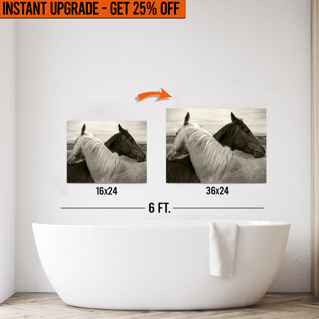 Upgrade Your 24x16 Inches 'Monochrome Couple Horse' Canvas To 36x24 Inches on sale at MyriadMart