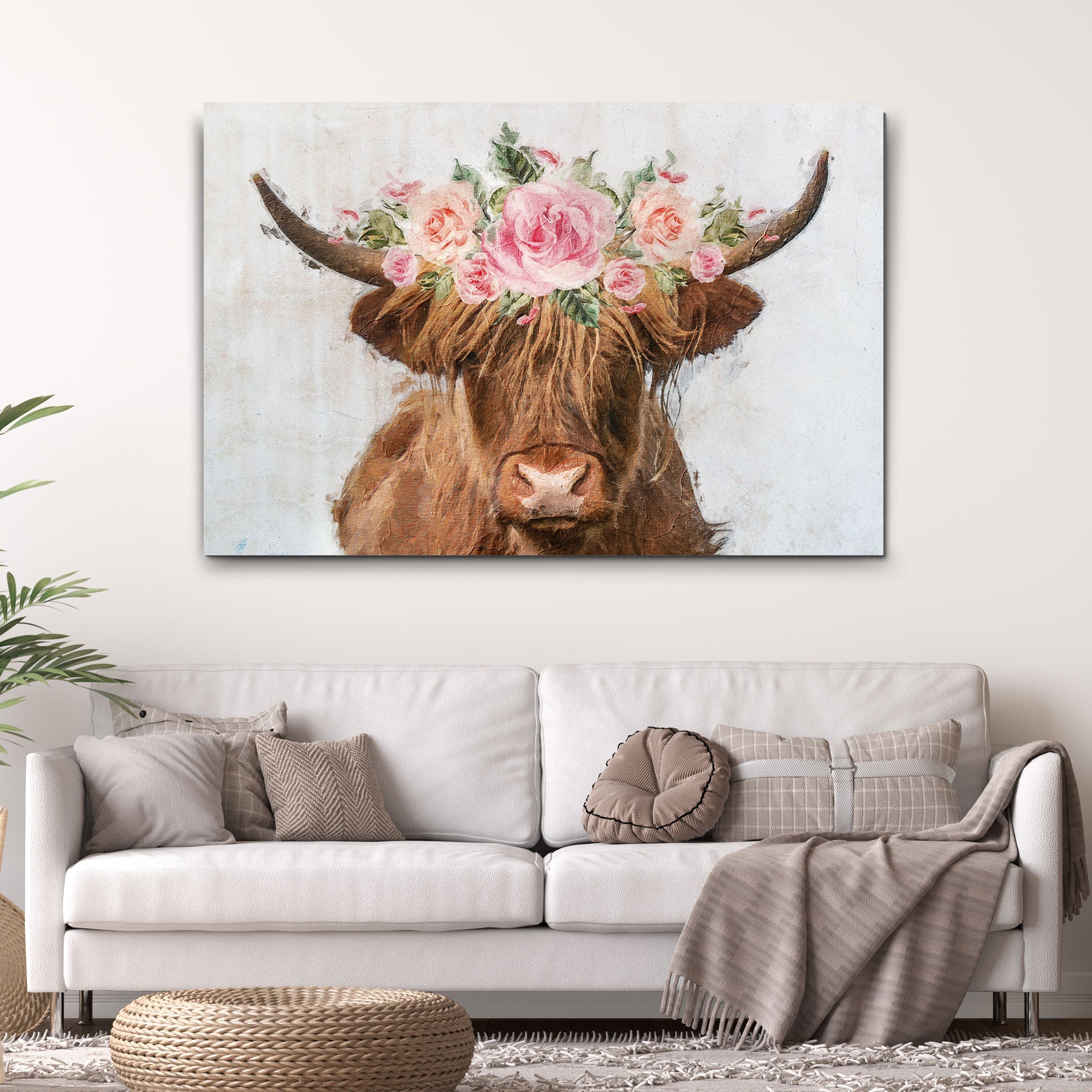 Highland Cow Floral Wreath Painting Canvas Wall Art on sale at MyriadMart