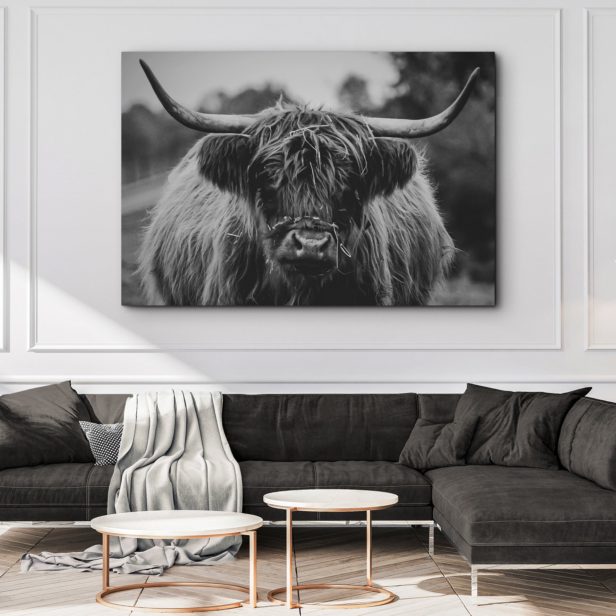 Highland Cow Rustic Gray Canvas Wall Art on sale at MyriadMart