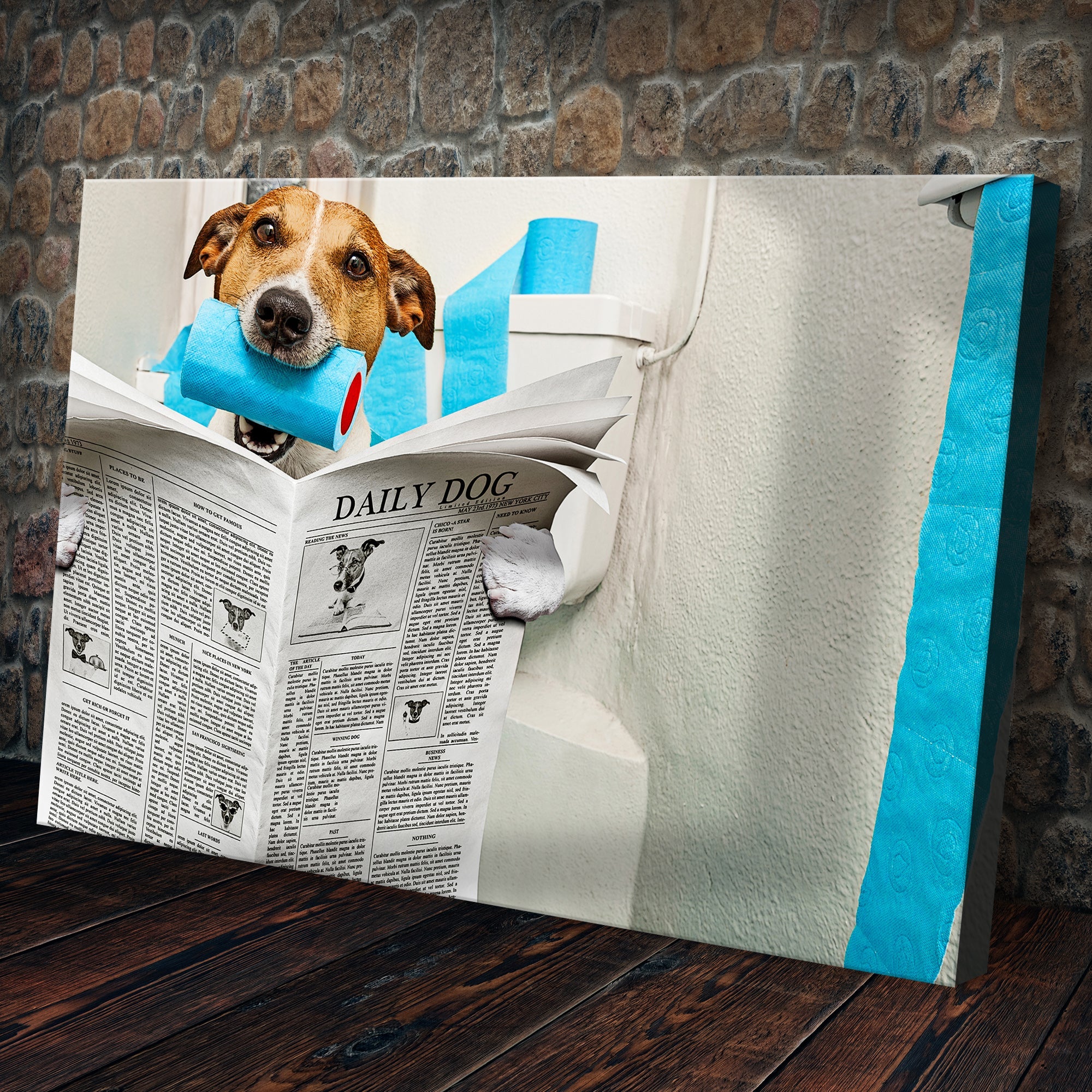 Dog Reading Newspaper On Toilet Canvas Wall Art on sale at MyriadMart
