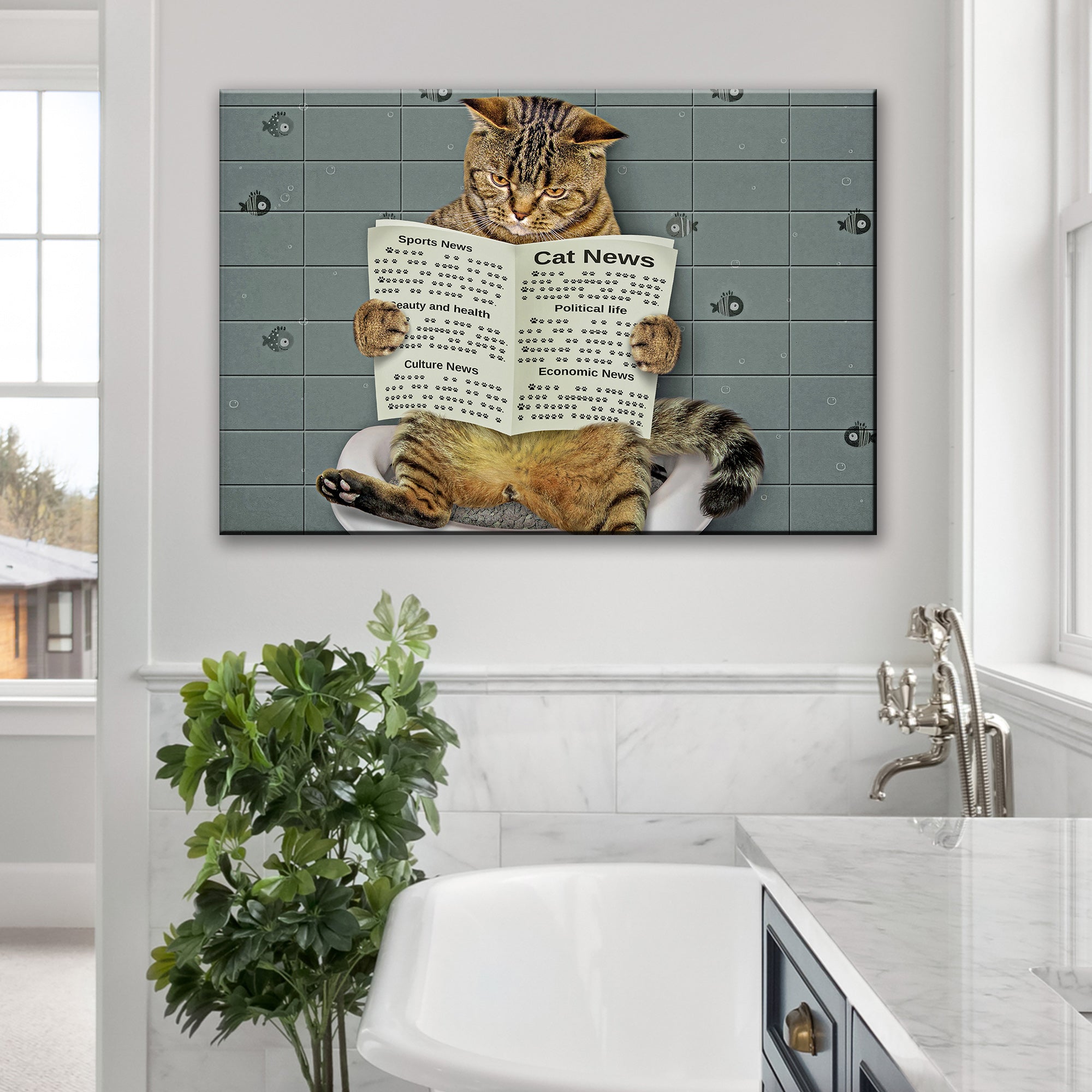 Cat Toilet Reading Newspaper Canvas Wall Art on sale at MyriadMart