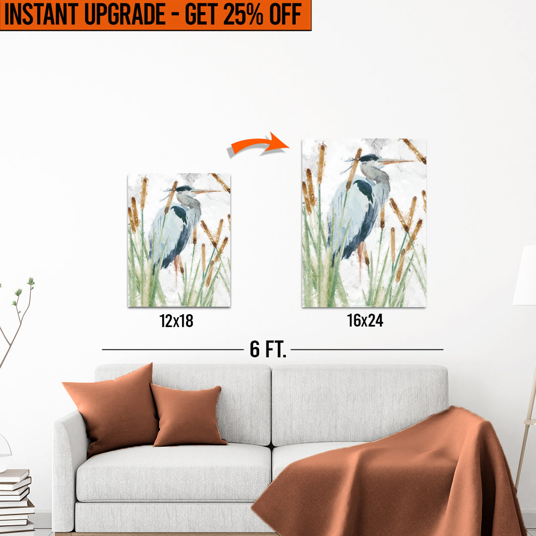 Upgrade Your 18x12 Inches 'Heron In The Reeds' Canvas To 24x16 Inches on sale at MyriadMart