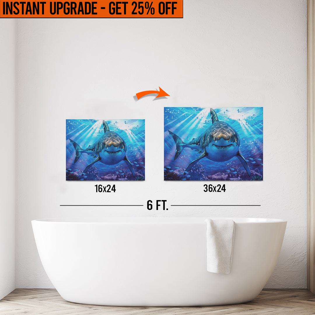 Upgrade Your 24x16 Inches 'Underwater White Shark' Canvas To 36x24 Inches on sale at MyriadMart