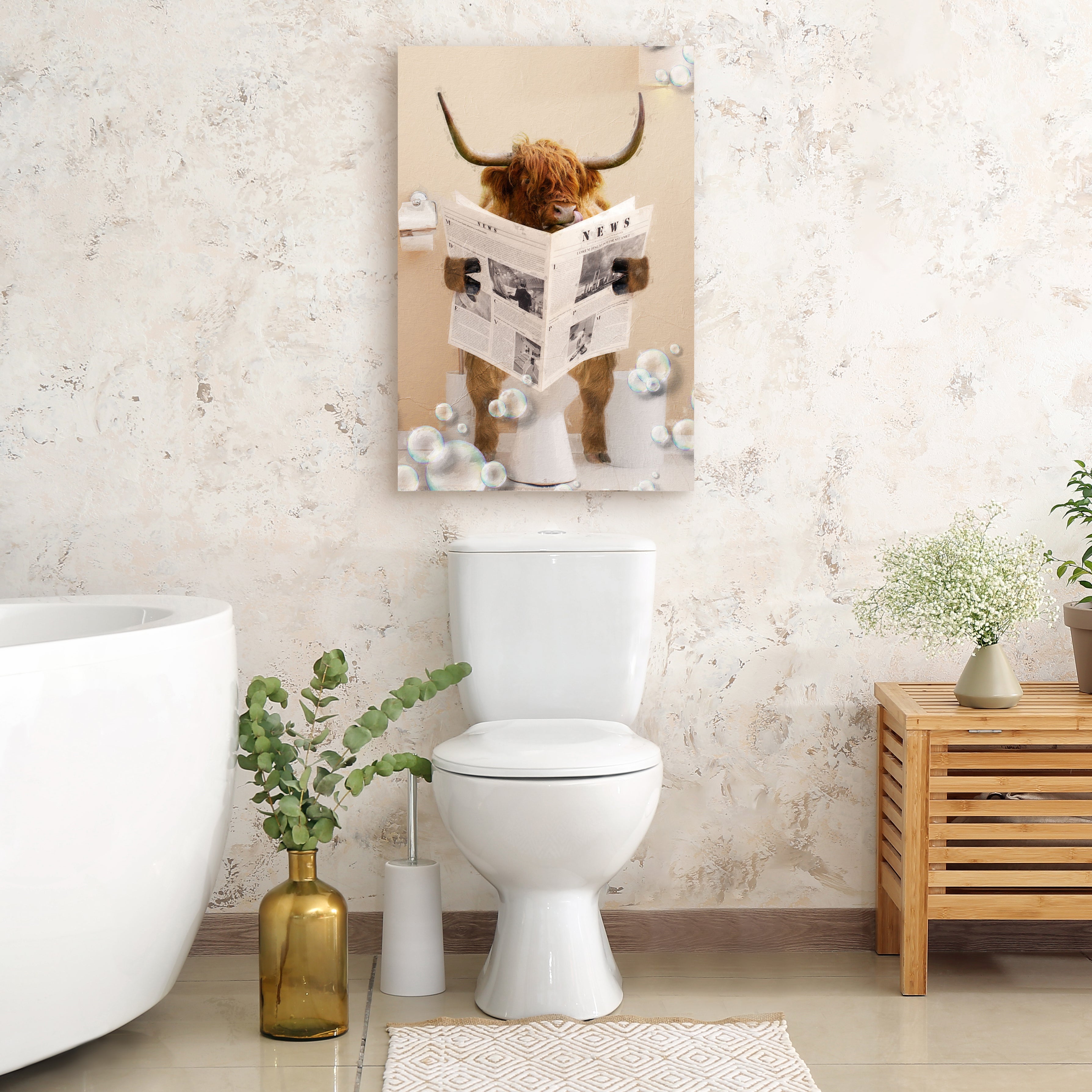 Highland Cow Reading Newspaper Canvas Wall Art on sale at MyriadMart