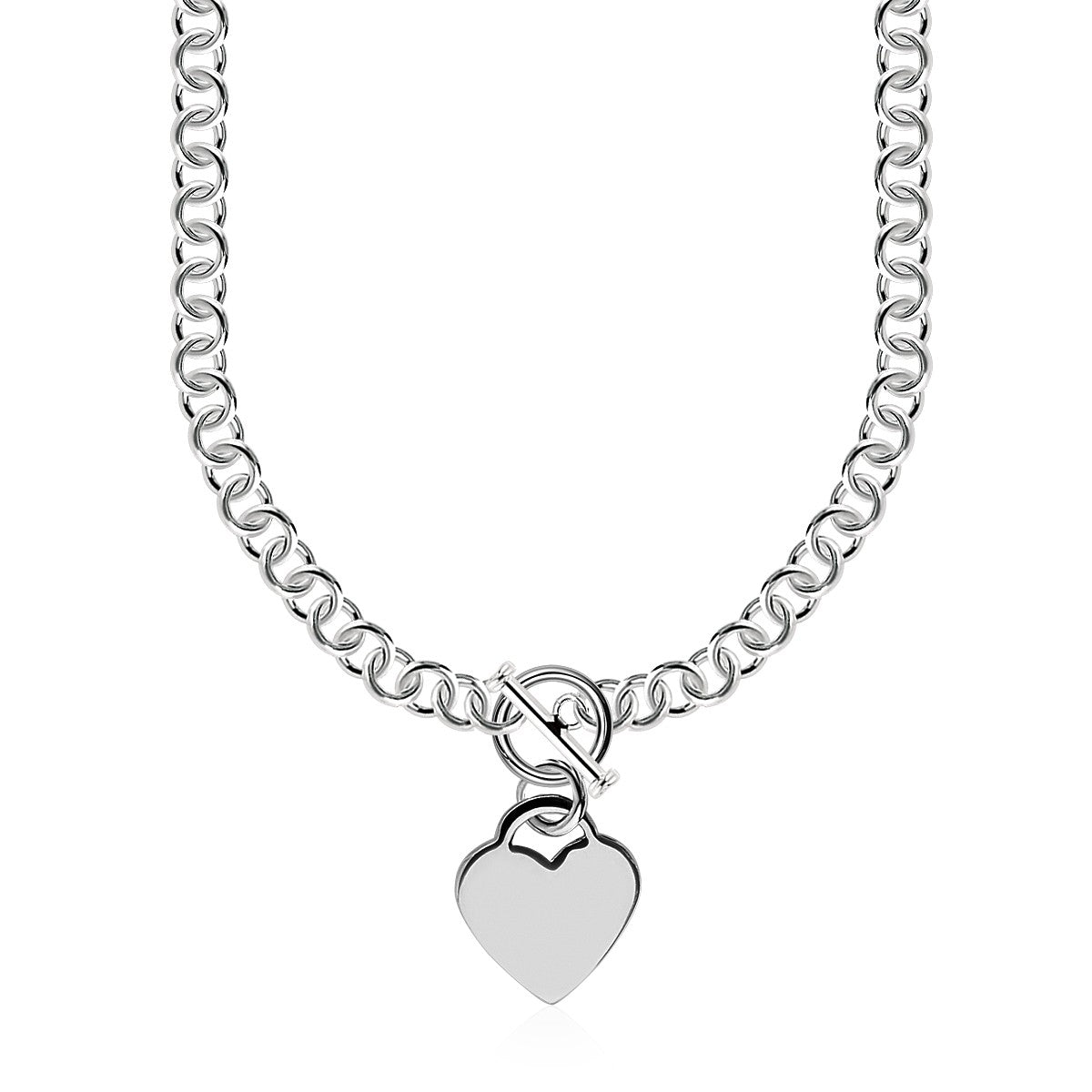 Sterling Silver Rolo Chain with a Heart Toggle Charm and Rhodium Plating on sale at MyriadMart