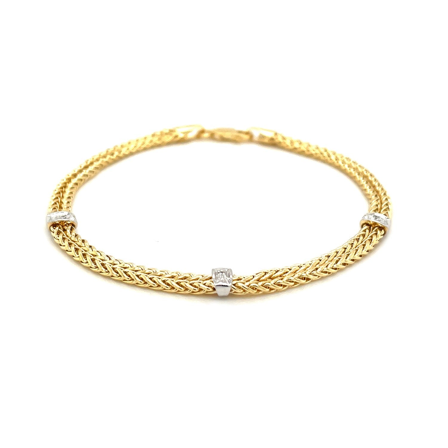 14k Two-Tone Gold Dual Wheat Chain Bracelet with Diamond Stations .02 cttw on sale at MyriadMart