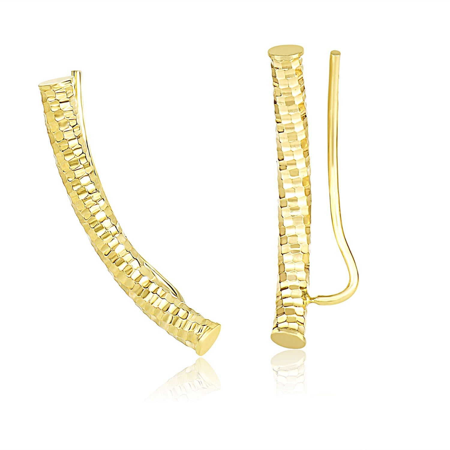 14k Yellow Gold Curved Tube Earrings with Diamond Cuts on sale at MyriadMart
