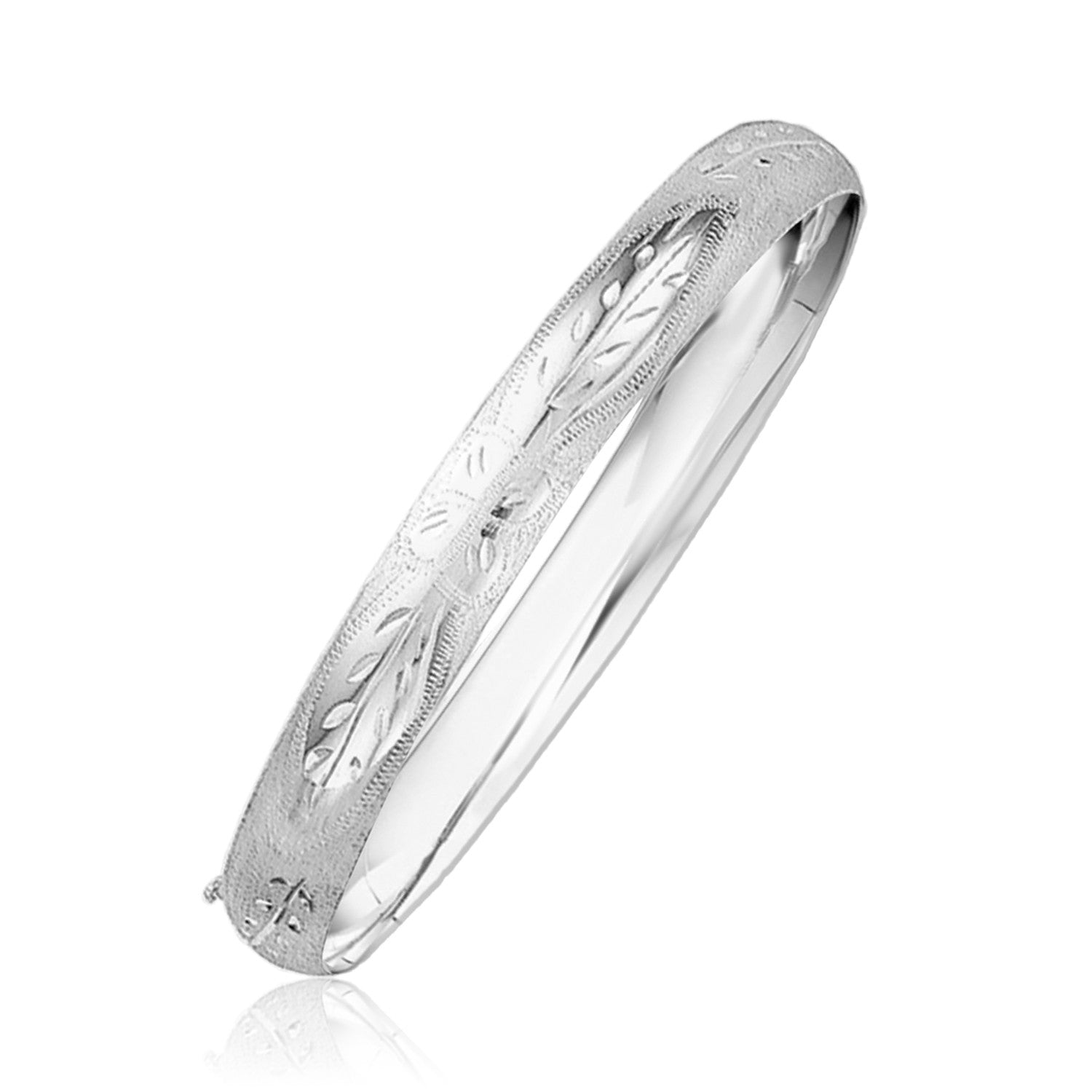 Classic Floral Carved Bangle in 14k White Gold 8.0mm on sale at MyriadMart