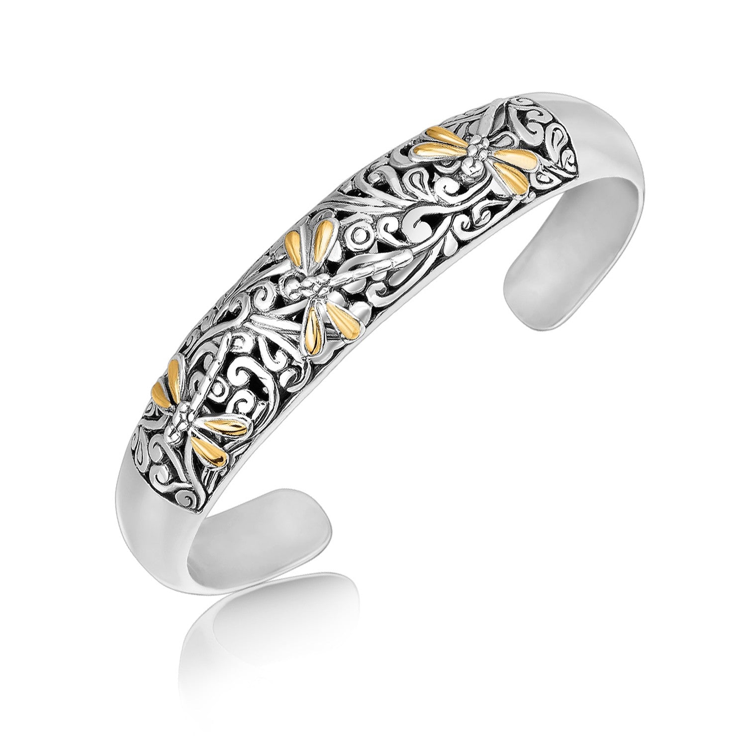 18k Yellow Gold and Sterling Silver Cuff with Dragonfly and Flourishes on sale at MyriadMart