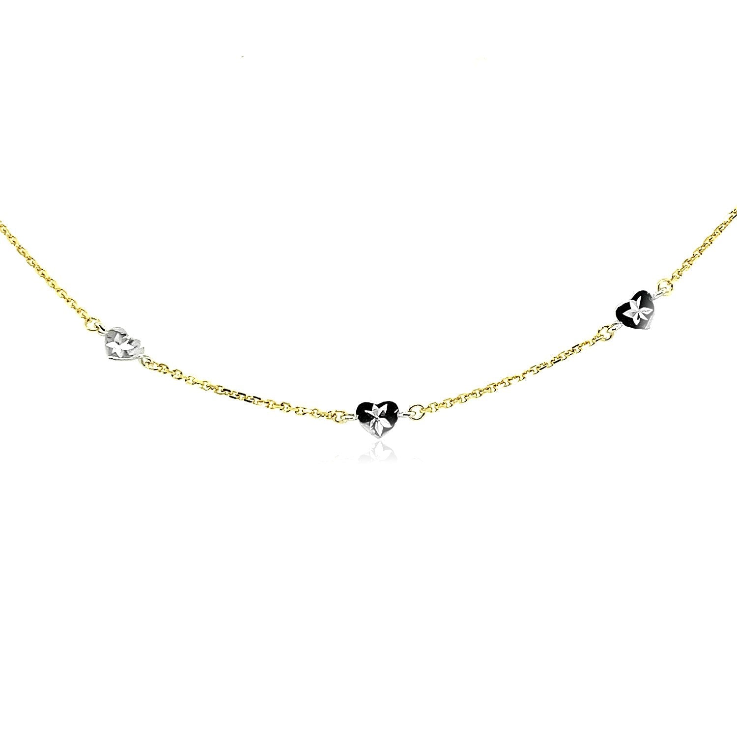 14k Two Tone Gold Anklet with Diamond Cut Heart Style Stations on sale at MyriadMart