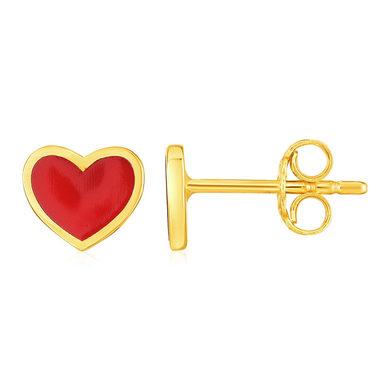 14k Yellow Gold and Enamel Red Heart Stud Earrings on sale at MyriadMart