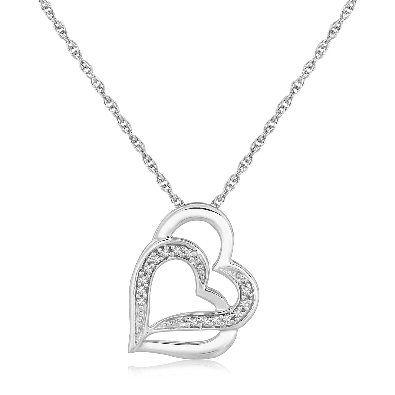 Sterling Silver Dual Heart Motif Pendant with Diamonds .06 cttw on sale at MyriadMart