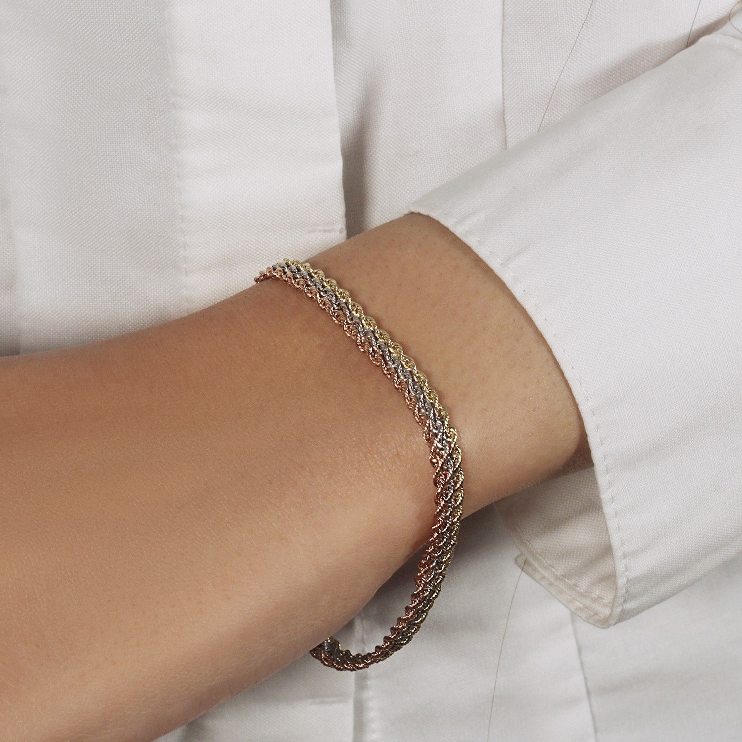 10k Tri-Toned Gold Multi-Strand Rope Chain Bracelet 6.35 mm on sale at MyriadMart