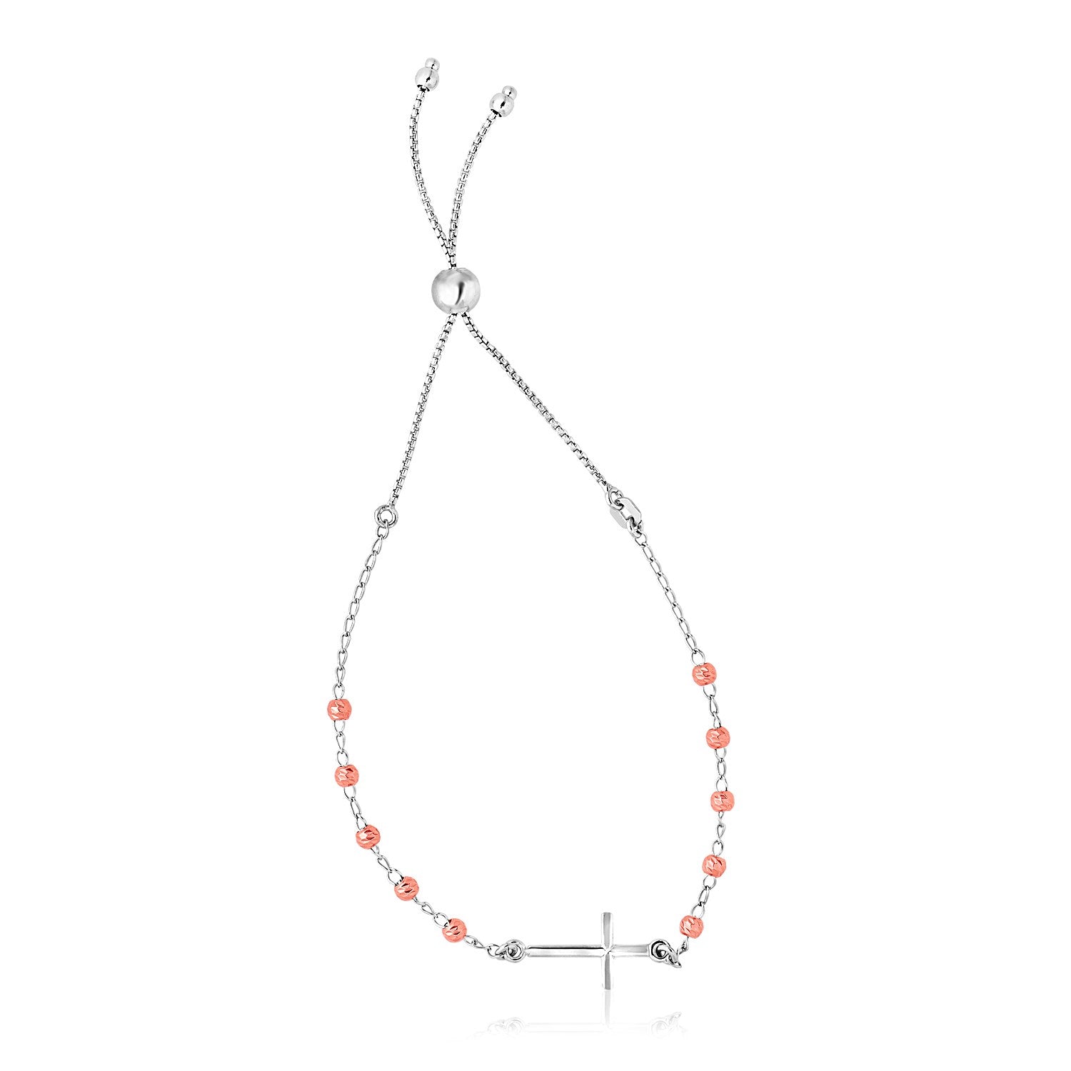 Sterling Silver White and Rose Finish Adjustable Bracelet with Cross on sale at MyriadMart