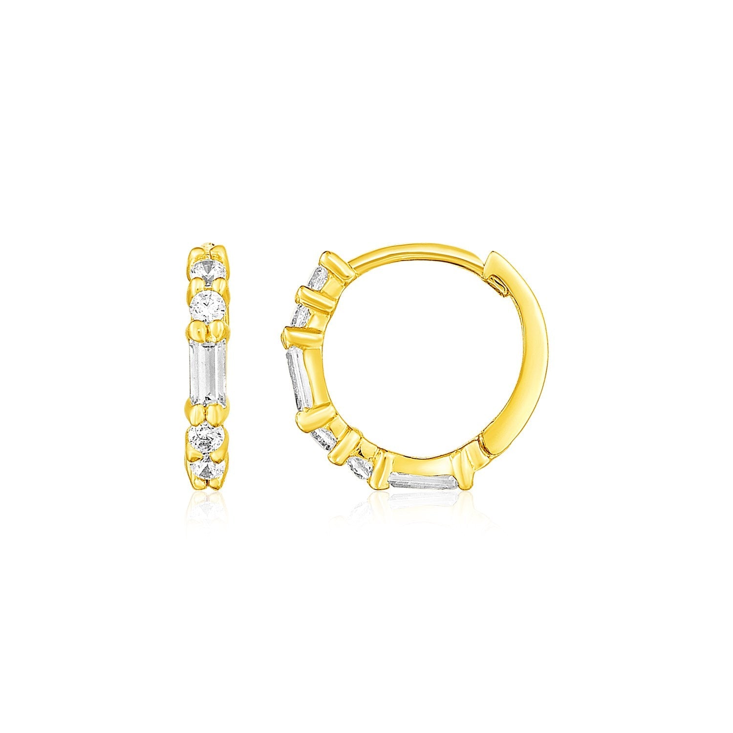 14k Yellow Gold Petite Hoop Earrings with Baguette Cubic Zirconias on sale at MyriadMart