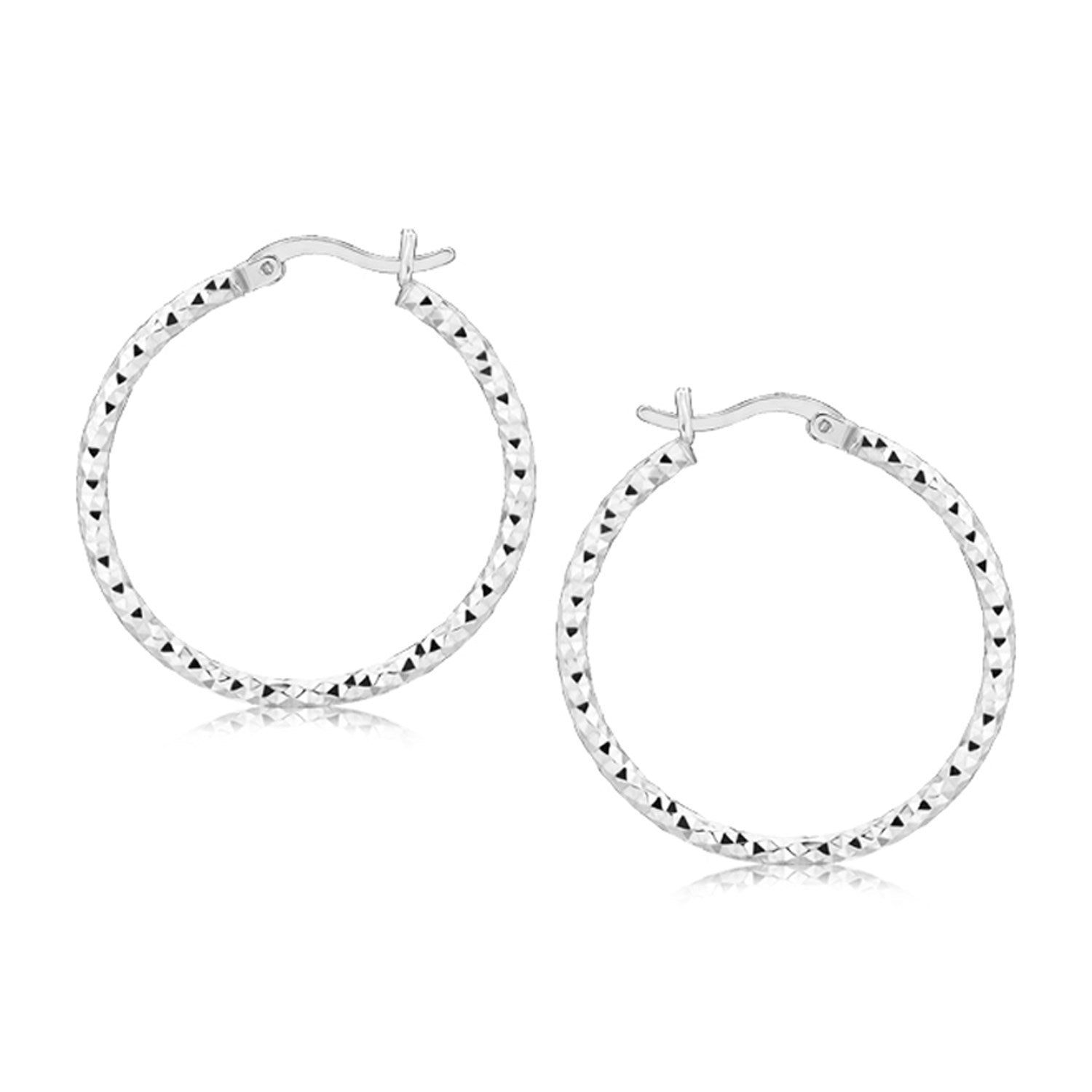 Sterling Silver Faceted Motif Hoop Earrings with Rhodium Plating on sale at MyriadMart