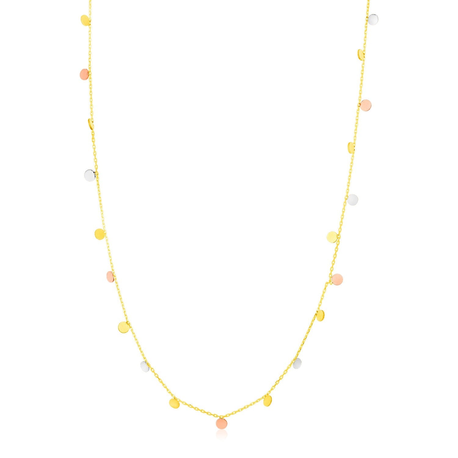 14K Tri Color Necklace with Dangling Circles on sale at MyriadMart