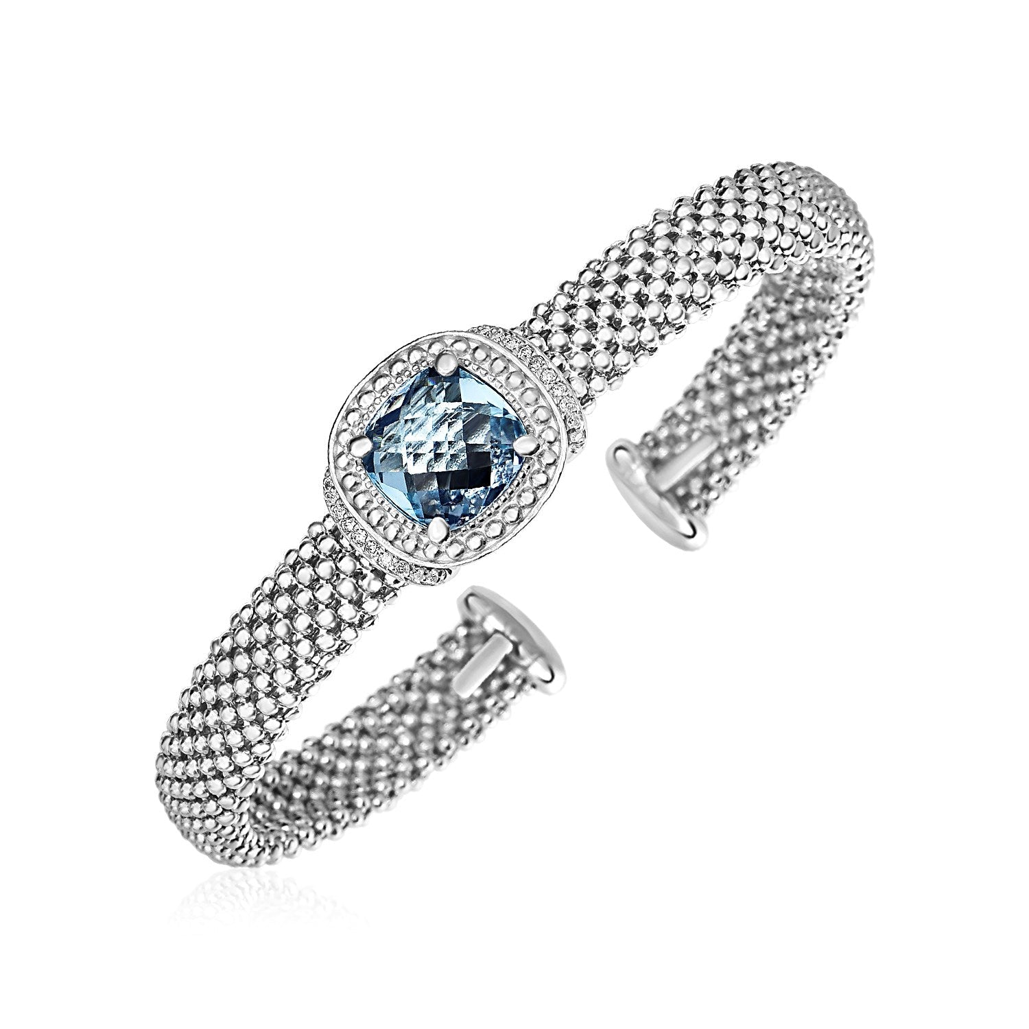Popcorn Texture Cuff Bangle with Blue Topaz and Diamonds in Sterling Silver on sale at MyriadMart