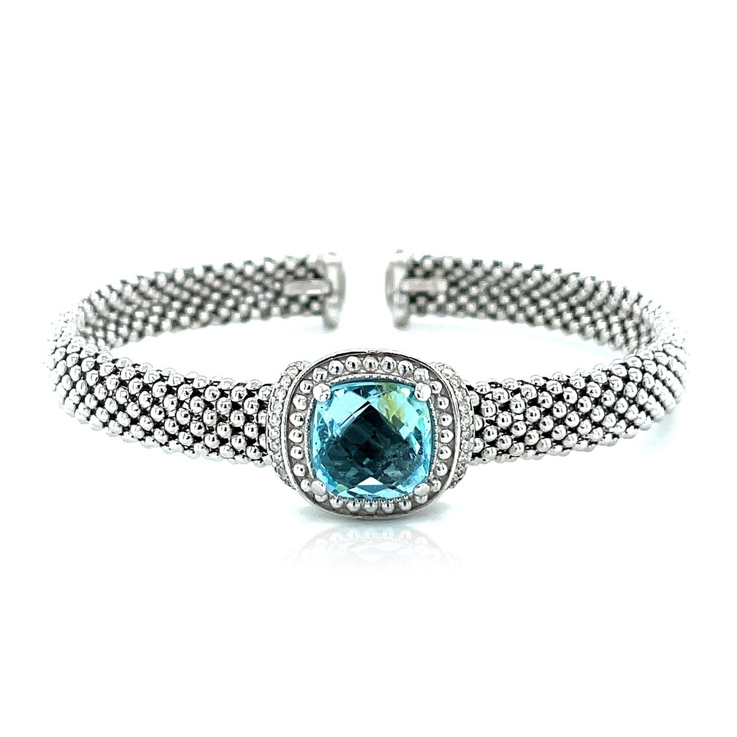 Popcorn Texture Cuff Bangle with Blue Topaz and Diamonds in Sterling Silver on sale at MyriadMart