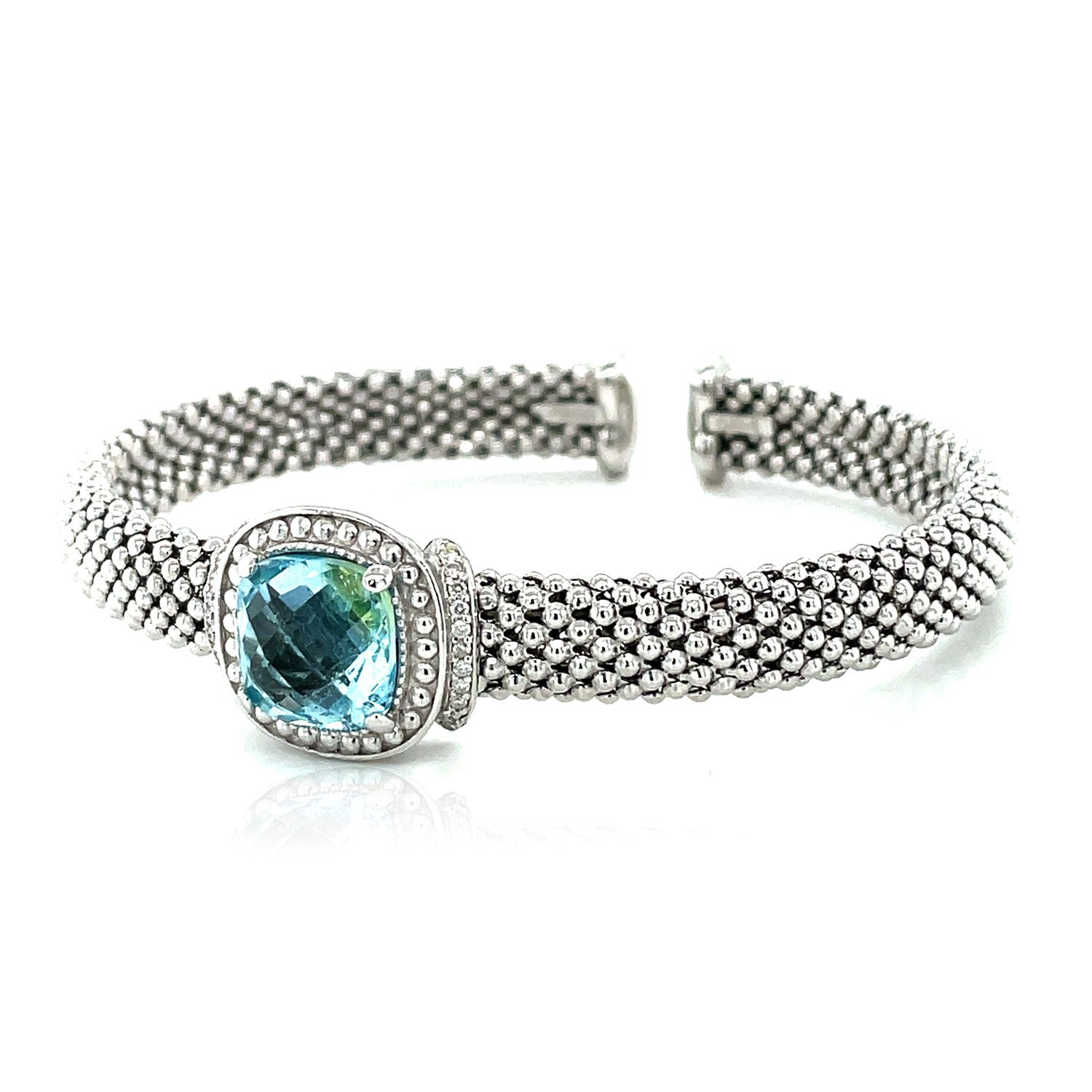 Popcorn Texture Cuff Bangle with Blue Topaz and Diamonds in Sterling Silver on sale at MyriadMart