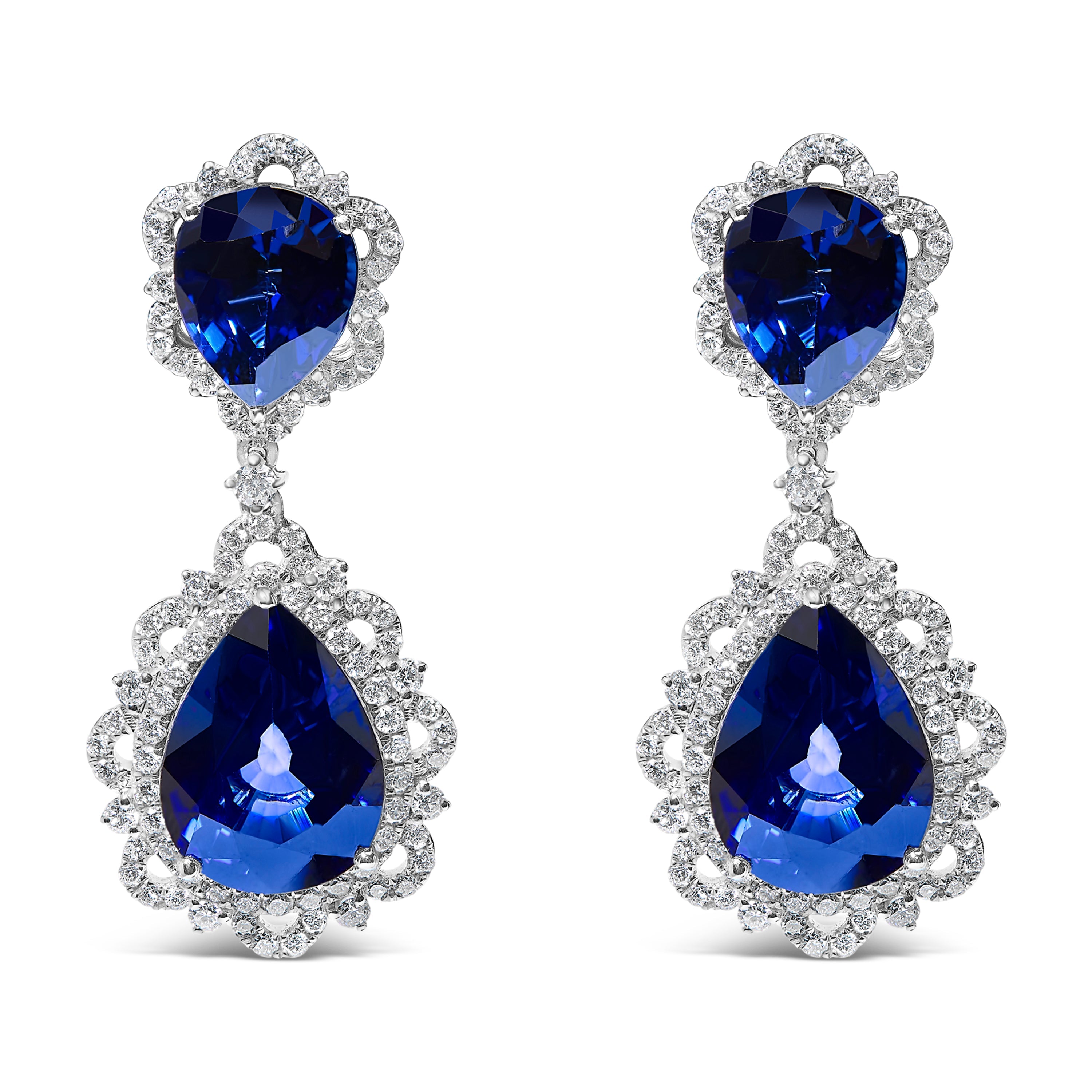 18K White Gold Blue Sapphire and Diamond 2.00 Cttw Diamond Halo Drop and Dangle Earring G-H Color, SI1-SI2 Clarity on sale at MyriadMart