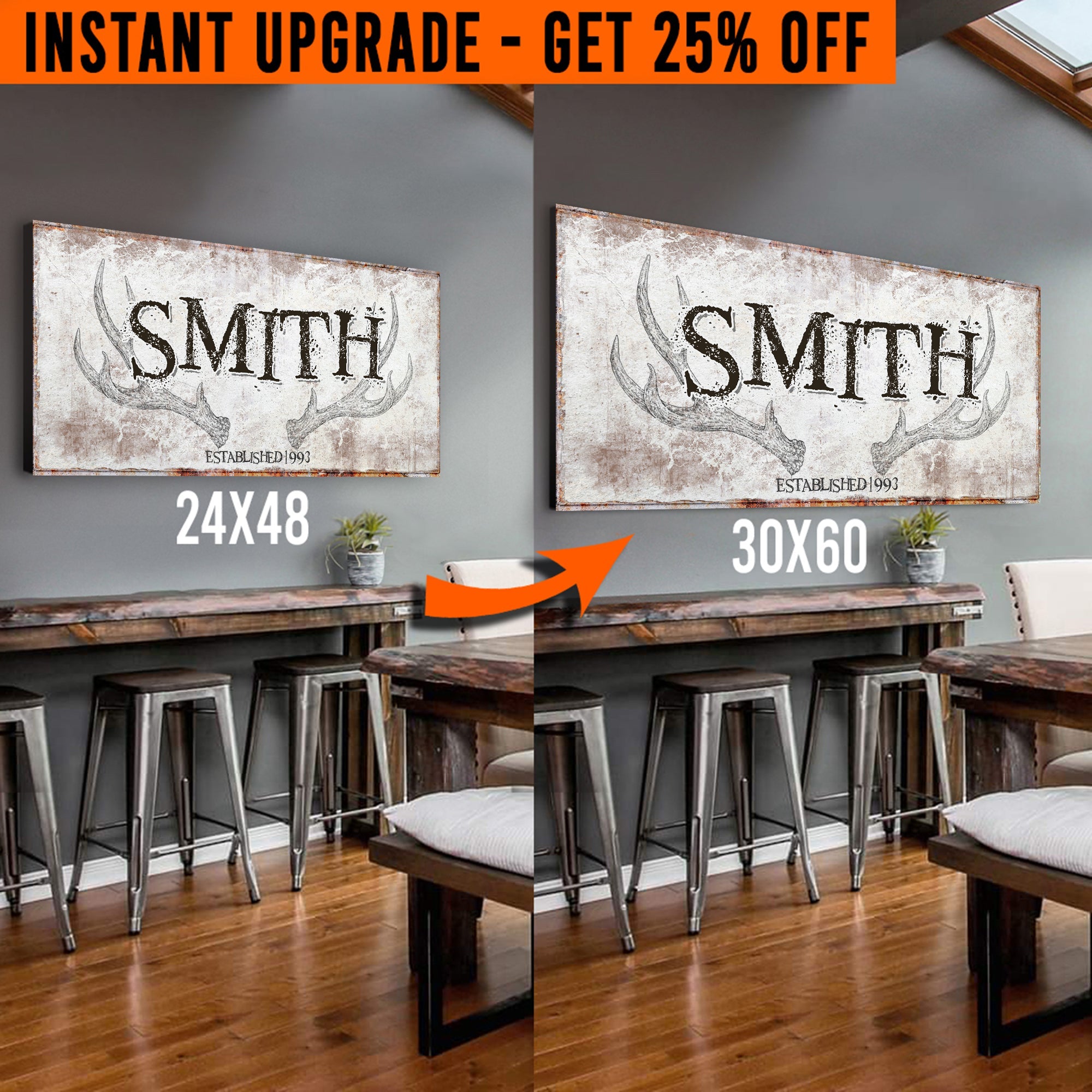 Upgrade Your 24x48 Inches 'Rustic Family Antler' Style 1 Canvas To 60x30 Inches on sale at MyriadMart