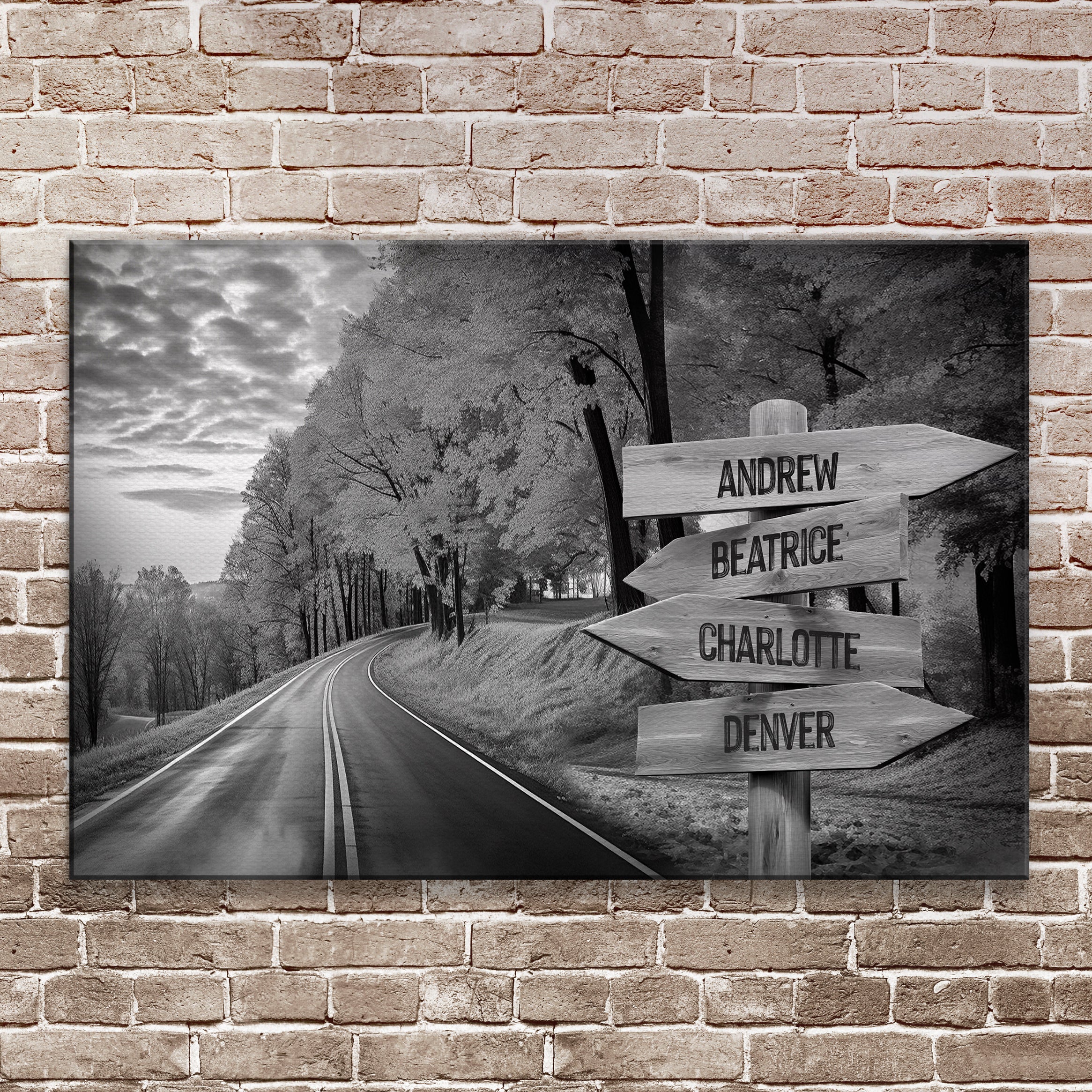 Family Names Monochrome Autumn Roads Sign on sale at MyriadMart