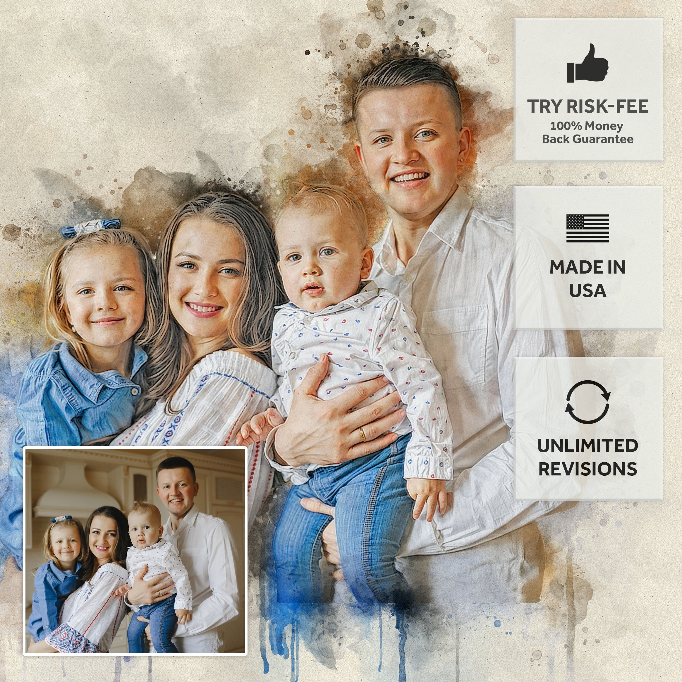 Family Watercolor Portrait Custom Wall Art on sale at MyriadMart