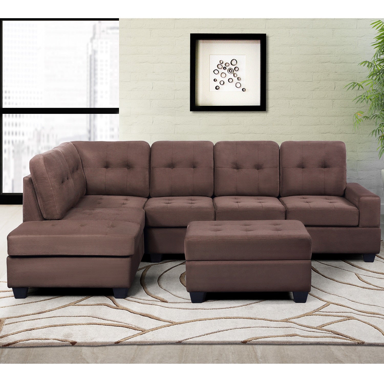 3 Piece Sectional Sofa Microfiber with Reversible Chaise Lounge Storage Ottoman and Cup Holders Antique Gray/Brown[US-W]