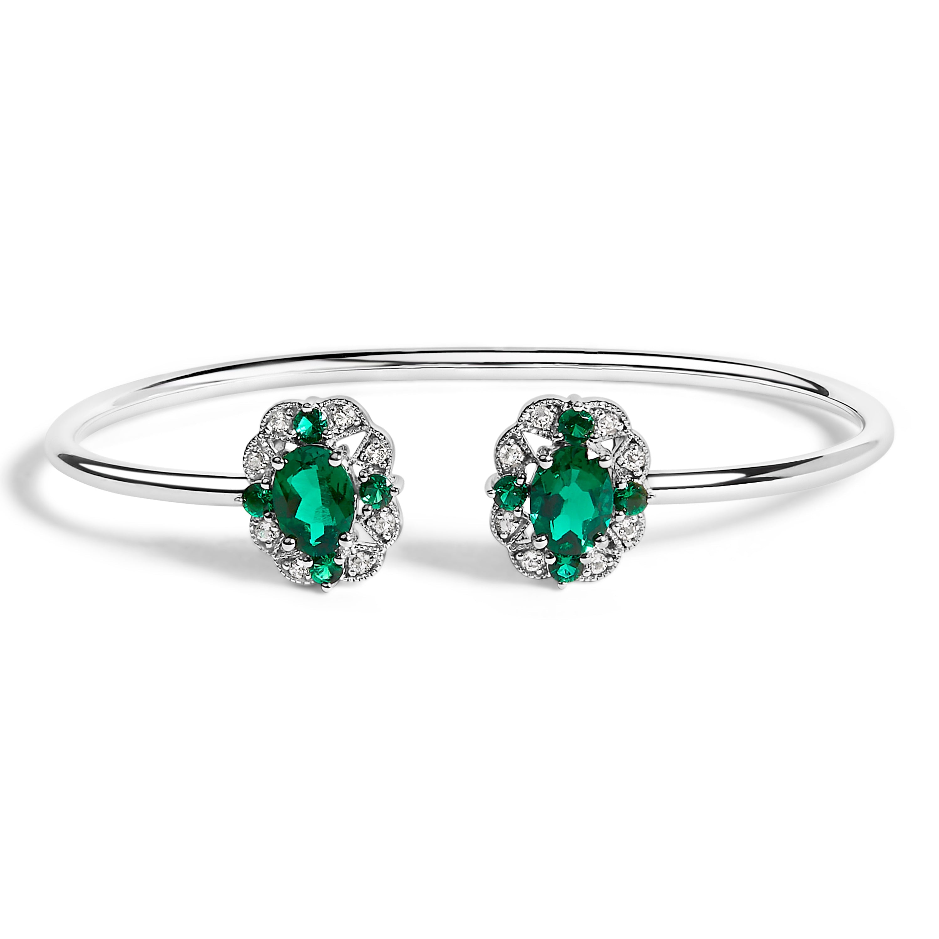 Sterling Silver White Topaz and Green Emerald Floral Bangle Bracelet 6.5 Inch on sale at MyriadMart
