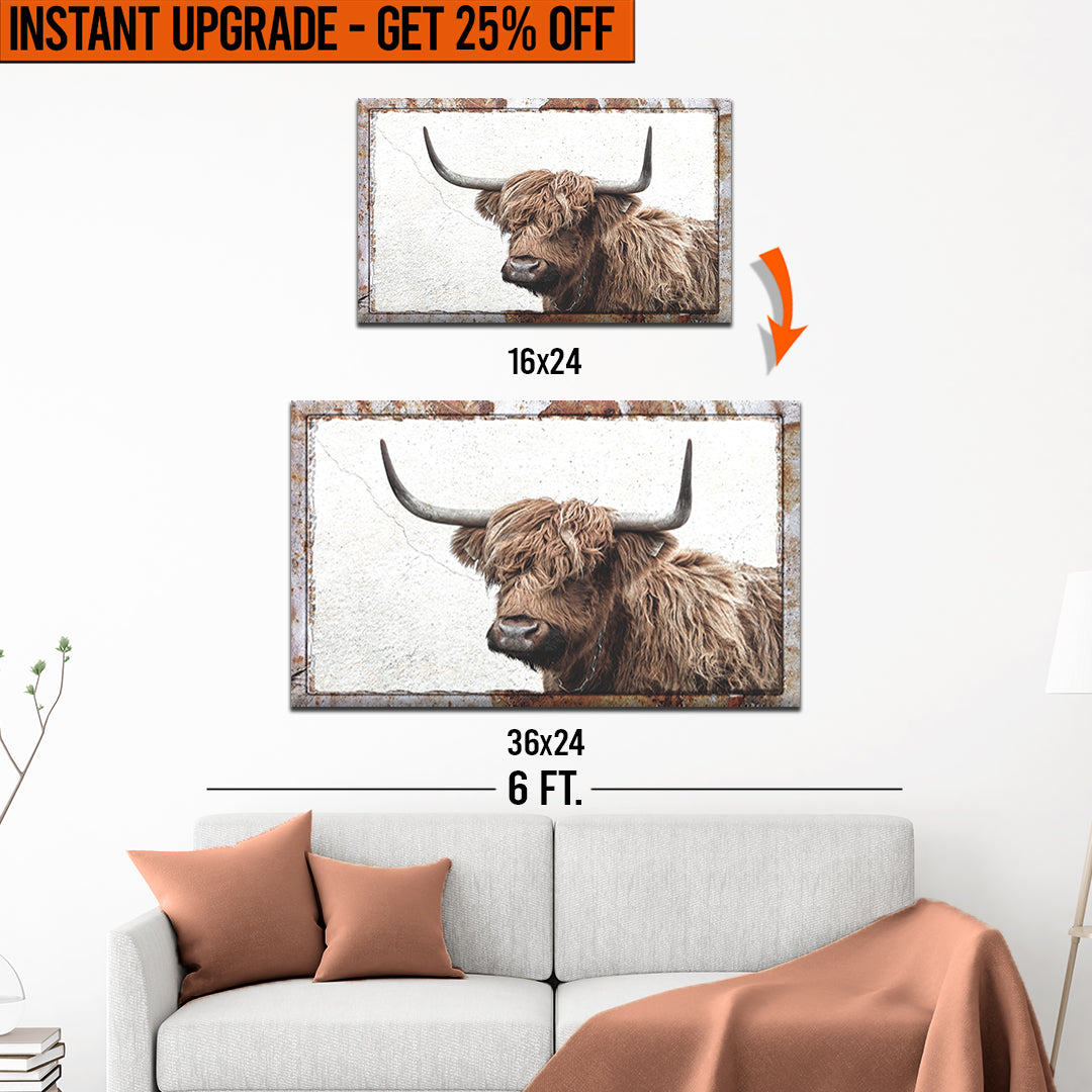 Upgrade Your 24x16 Inches 'Natural Rustic Highland Cow' Canvas To 36x24 Inches on sale at MyriadMart
