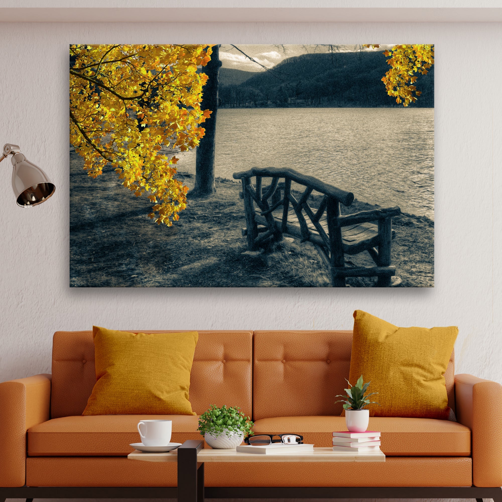 Lake Side Yellow Maple Tree Canvas Wall Art on sale at MyriadMart