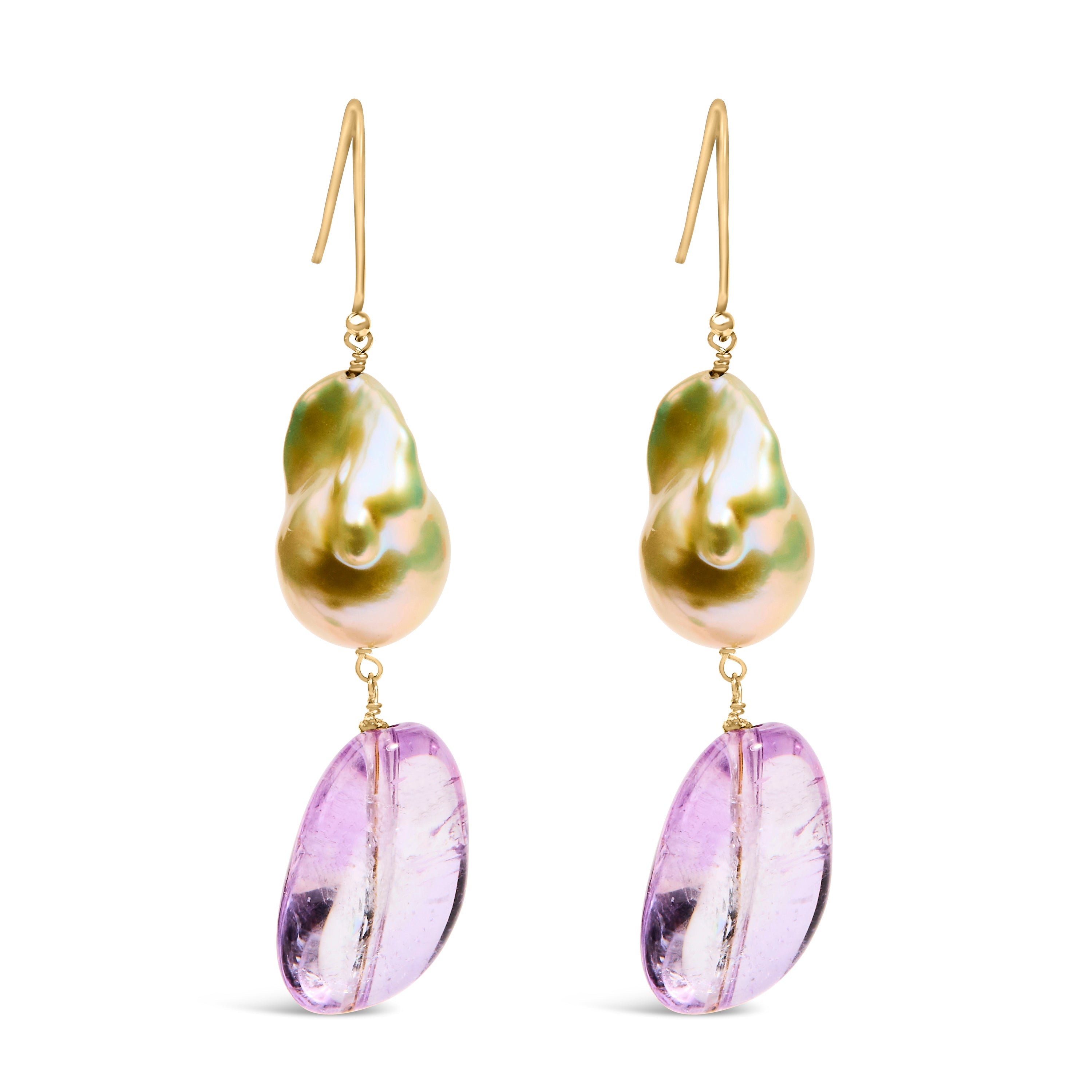 14K Yellow Gold Amethyst and Baroque Pearl Drop and Dangle Earrings 2" Inch Dangle Length on sale at MyriadMart