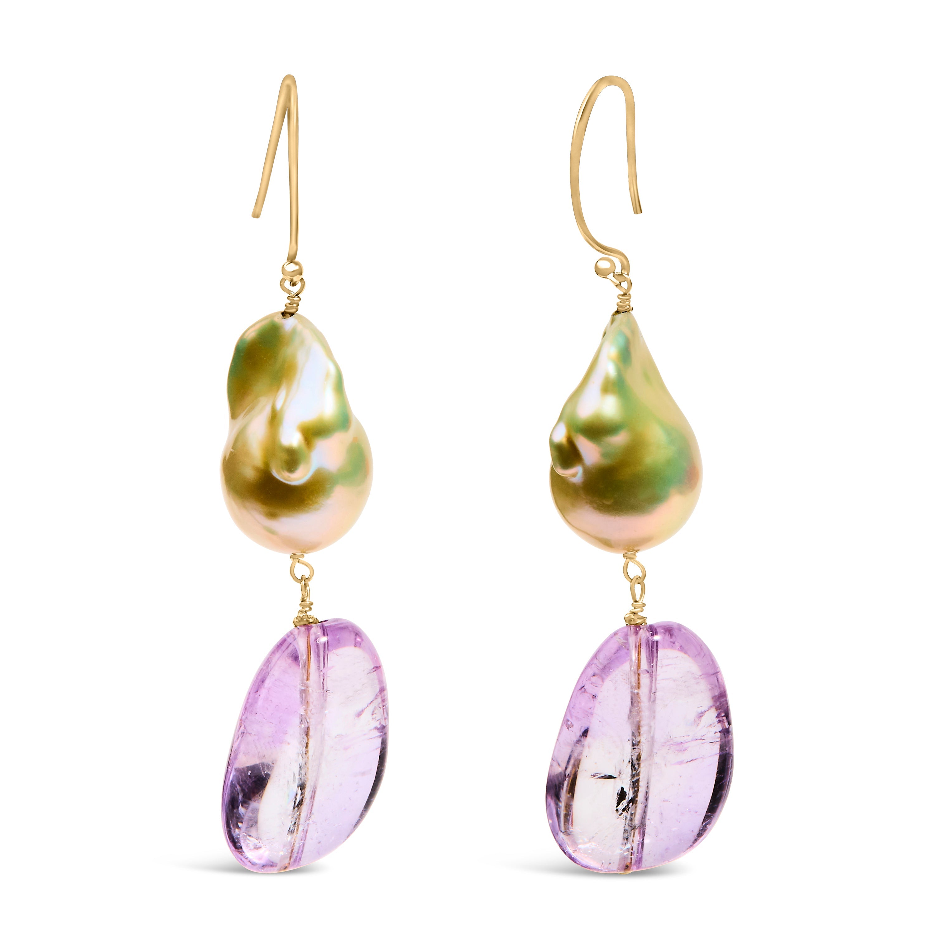 14K Yellow Gold Amethyst and Baroque Pearl Drop and Dangle Earrings 2" Inch Dangle Length on sale at MyriadMart