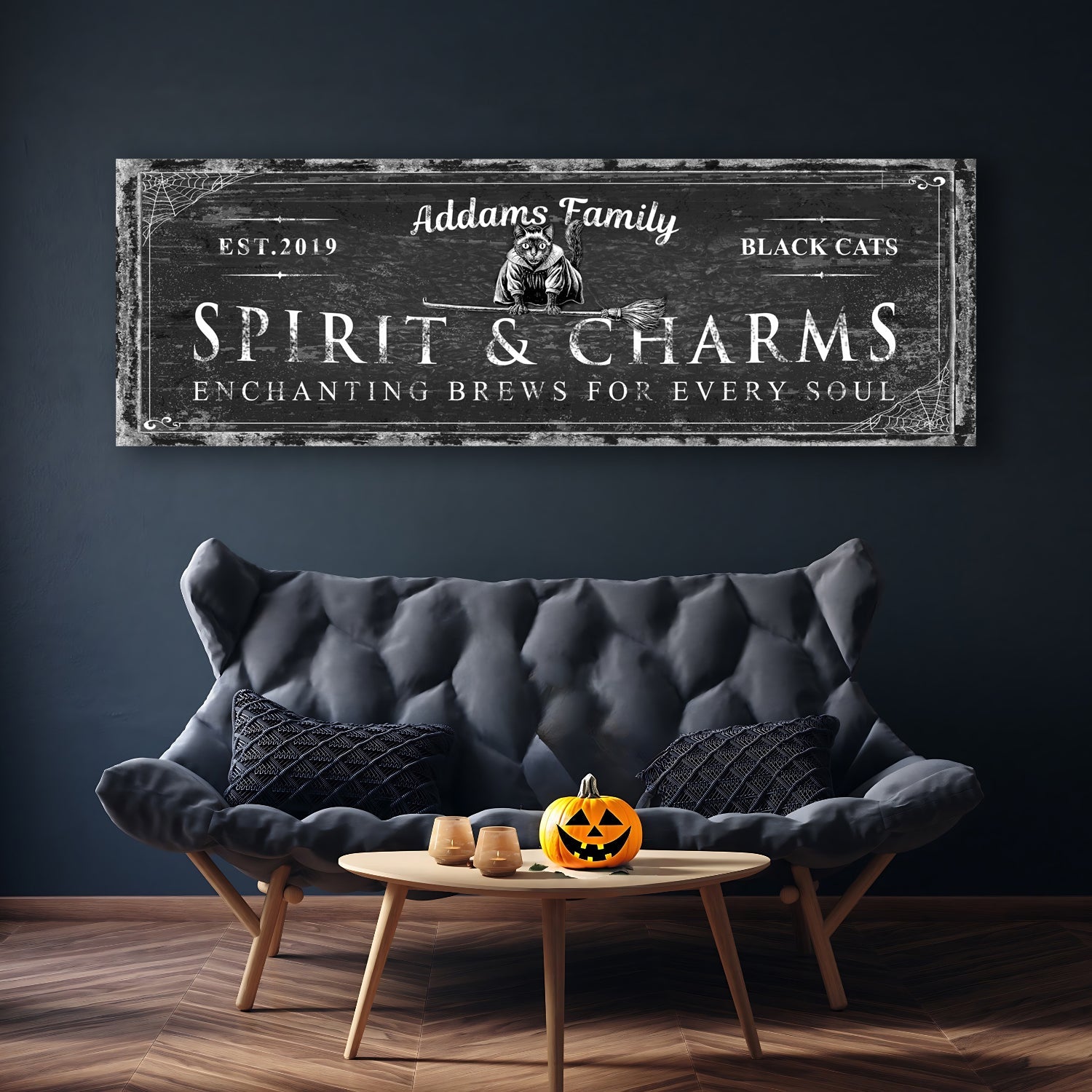 Black Cat’s Spirits & Charms Bar Halloween Sign on sale at MyriadMart