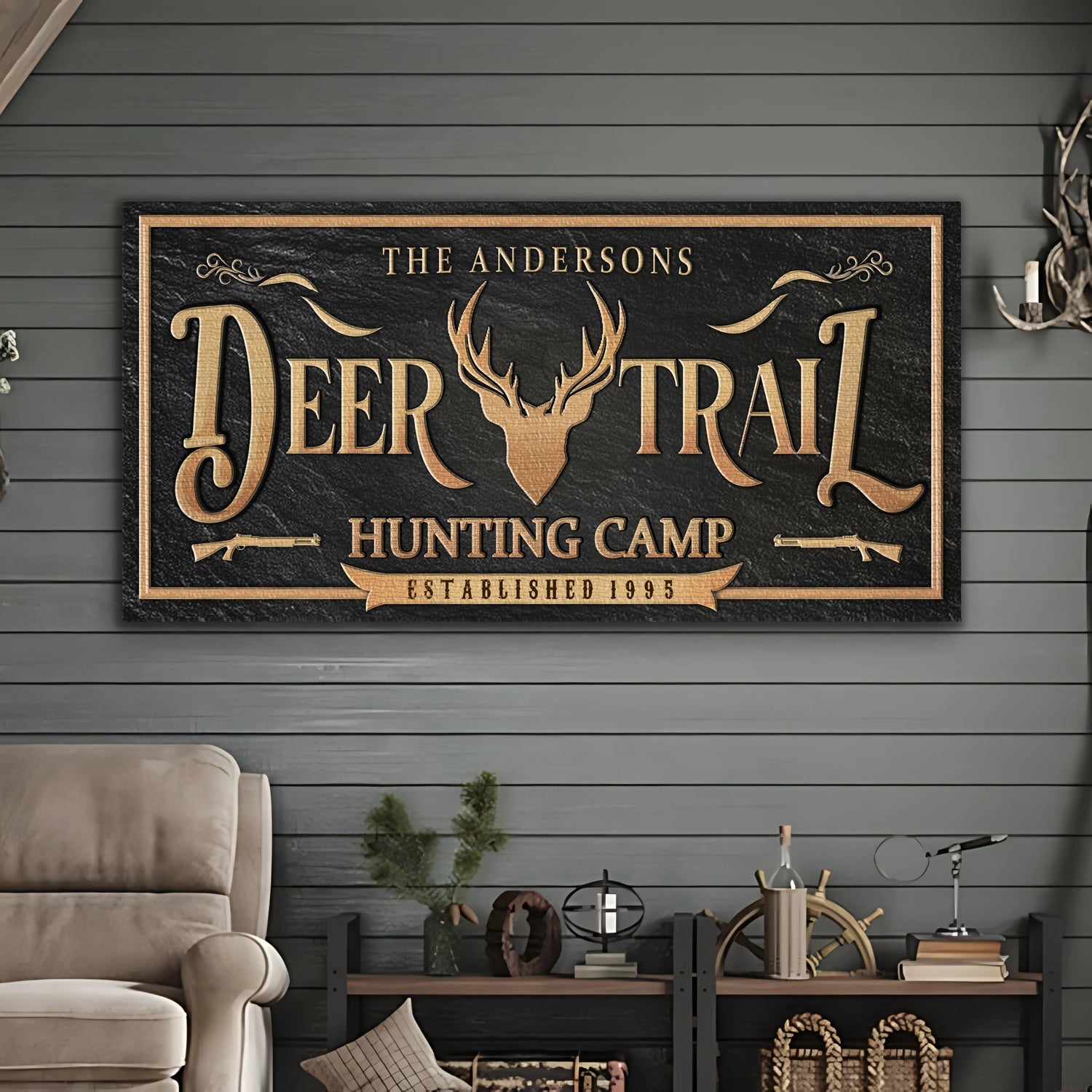 Personalized Deer Trail Hunting Camp Sign on sale at MyriadMart