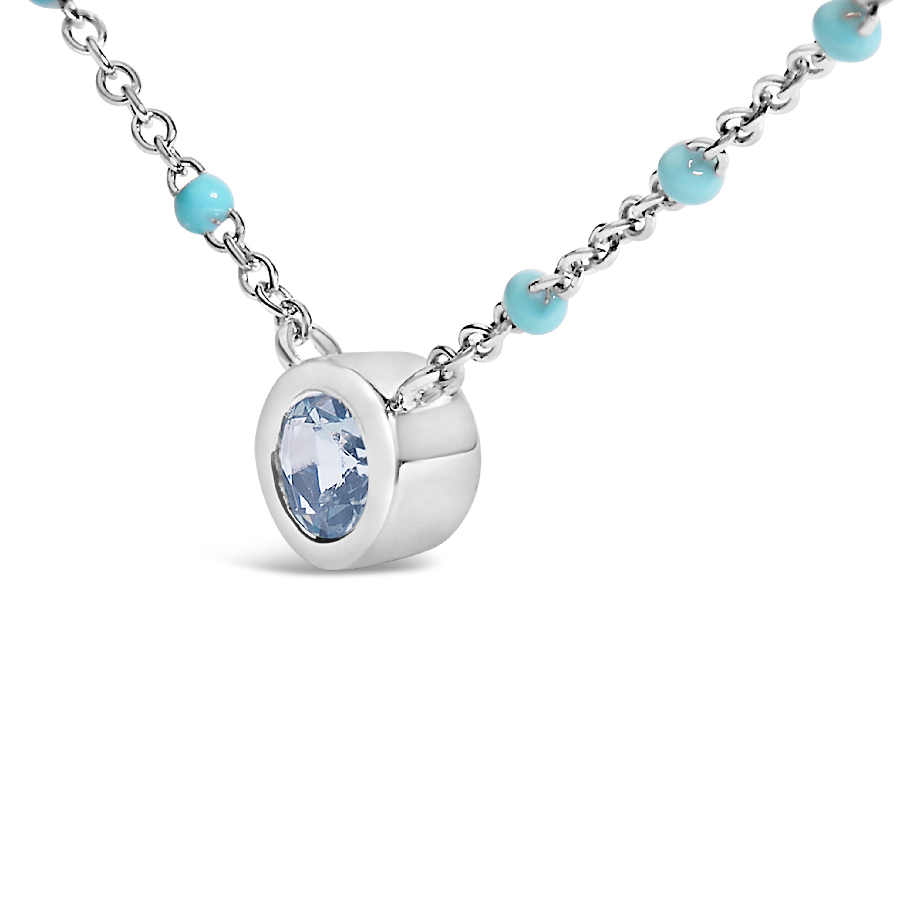 Sterling Silver Bezel Set Light Blue Aquamarine and Enamel Bead Chain Necklace on sale at MyriadMart