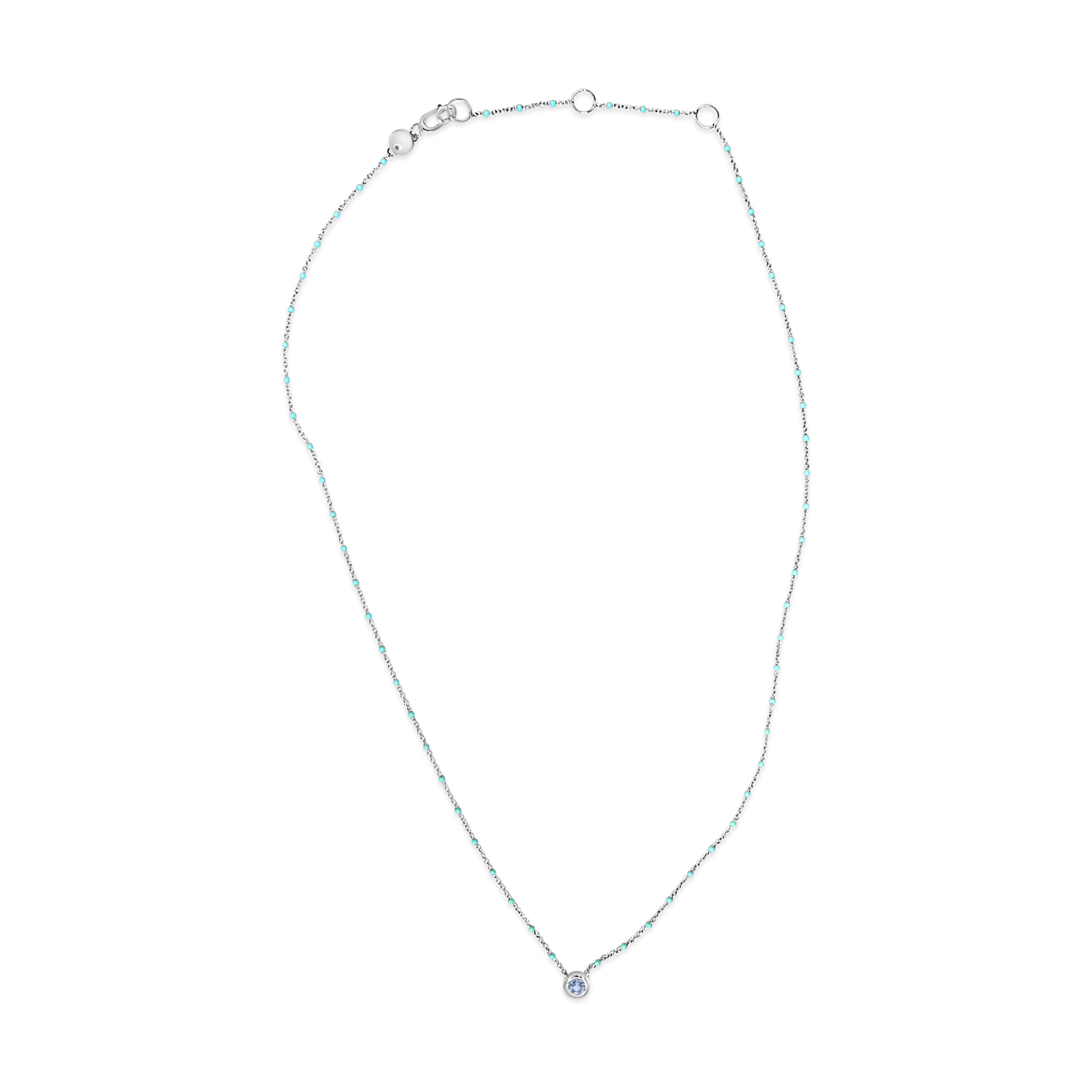 Sterling Silver Bezel Set Light Blue Aquamarine and Enamel Bead Chain Necklace on sale at MyriadMart