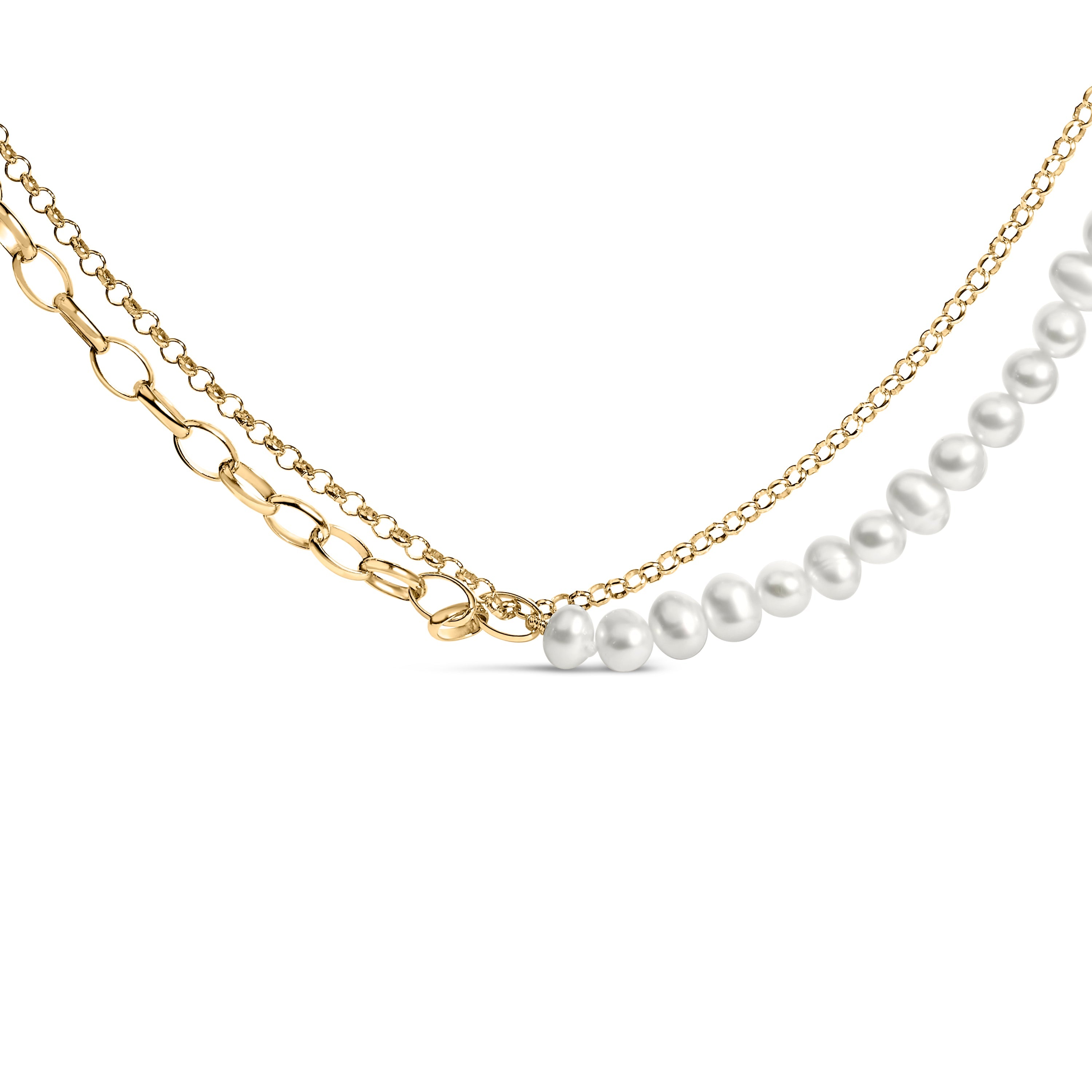 18K Yellow Gold Vermeil Cultured Pearl Strand Necklace with Rolo and Paperclip Chain on sale at MyriadMart