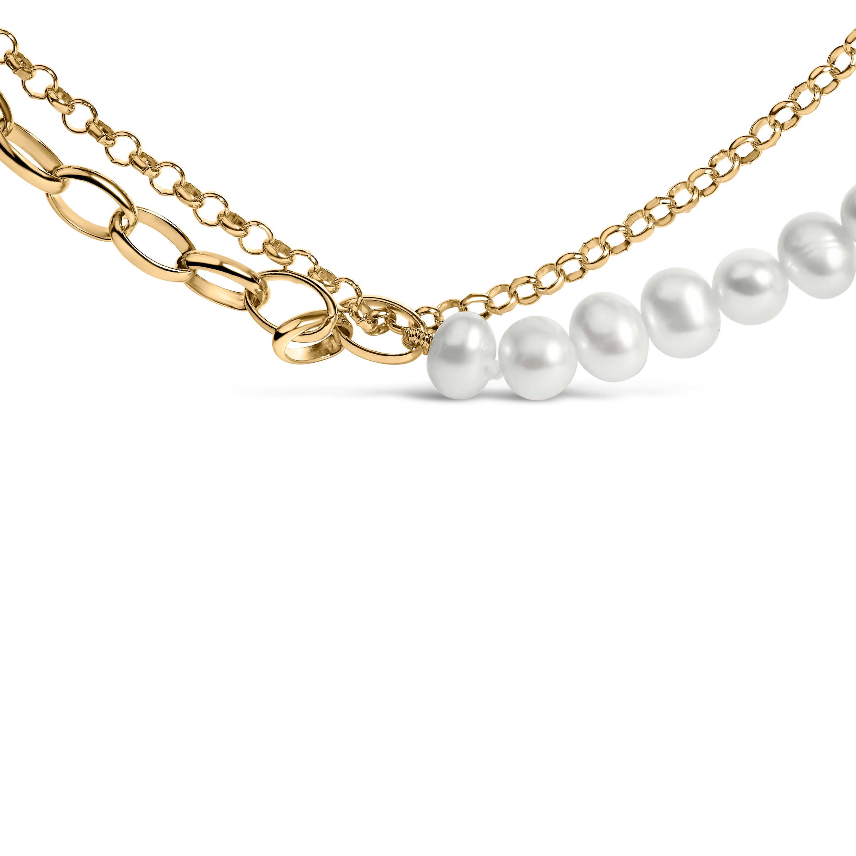 18K Yellow Gold Vermeil Cultured Pearl Strand Necklace with Rolo and Paperclip Chain on sale at MyriadMart