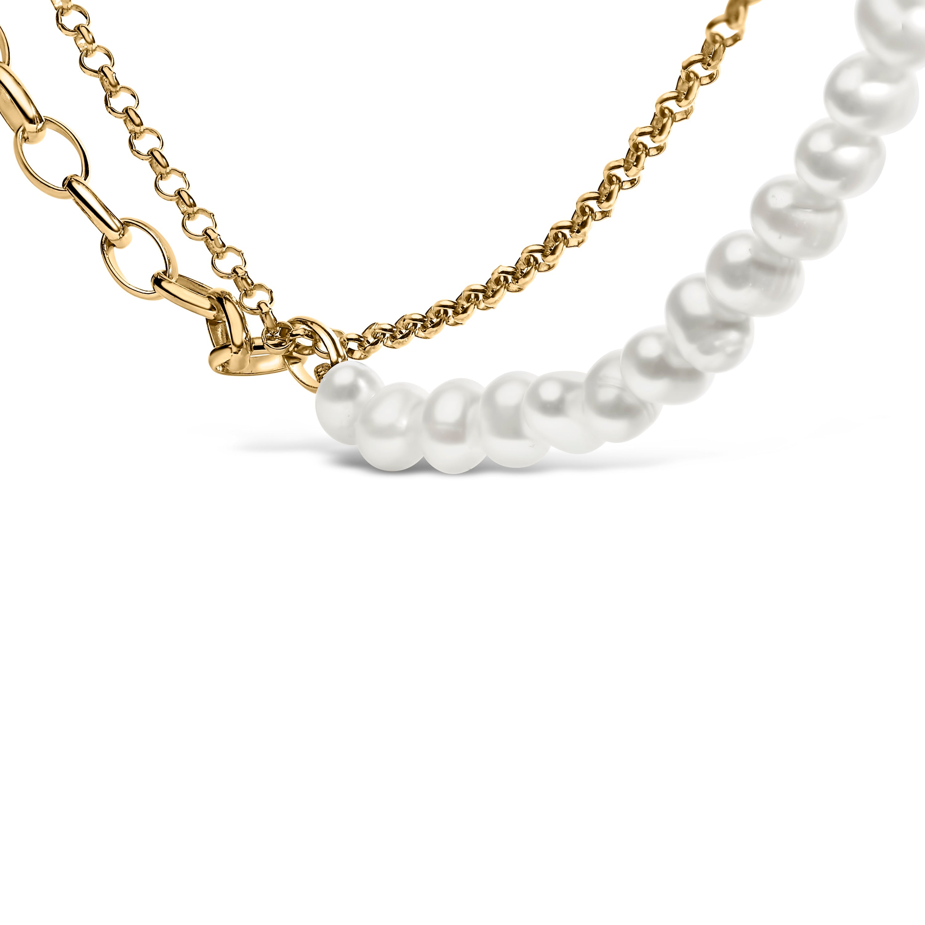 18K Yellow Gold Vermeil Cultured Pearl Strand Necklace with Rolo and Paperclip Chain on sale at MyriadMart