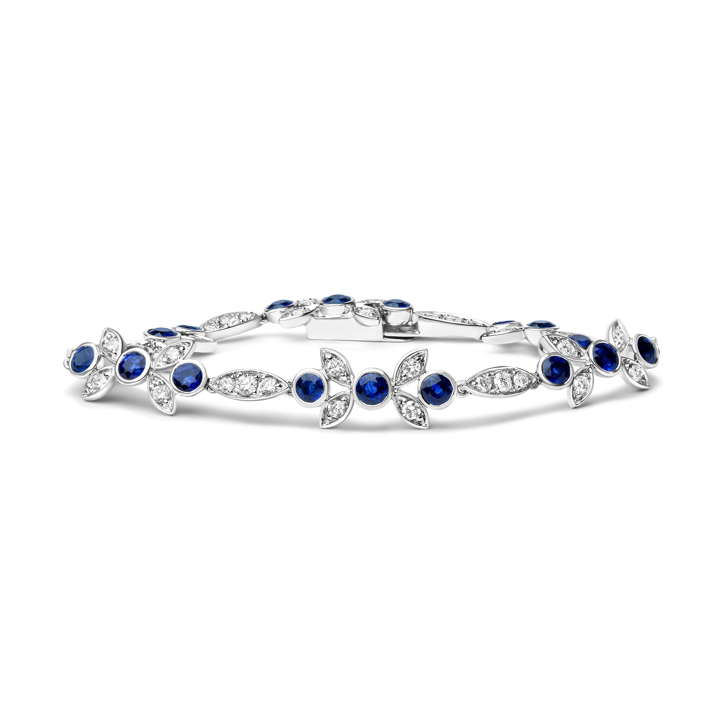 18K White Gold 1 3/4 Cttw Diamond and 3x3mm Round Blue Sapphire Gemstone Floral Link Bracelet G-H Color, SI1-SI2 Clarity - Size 7" on sale at MyriadMart