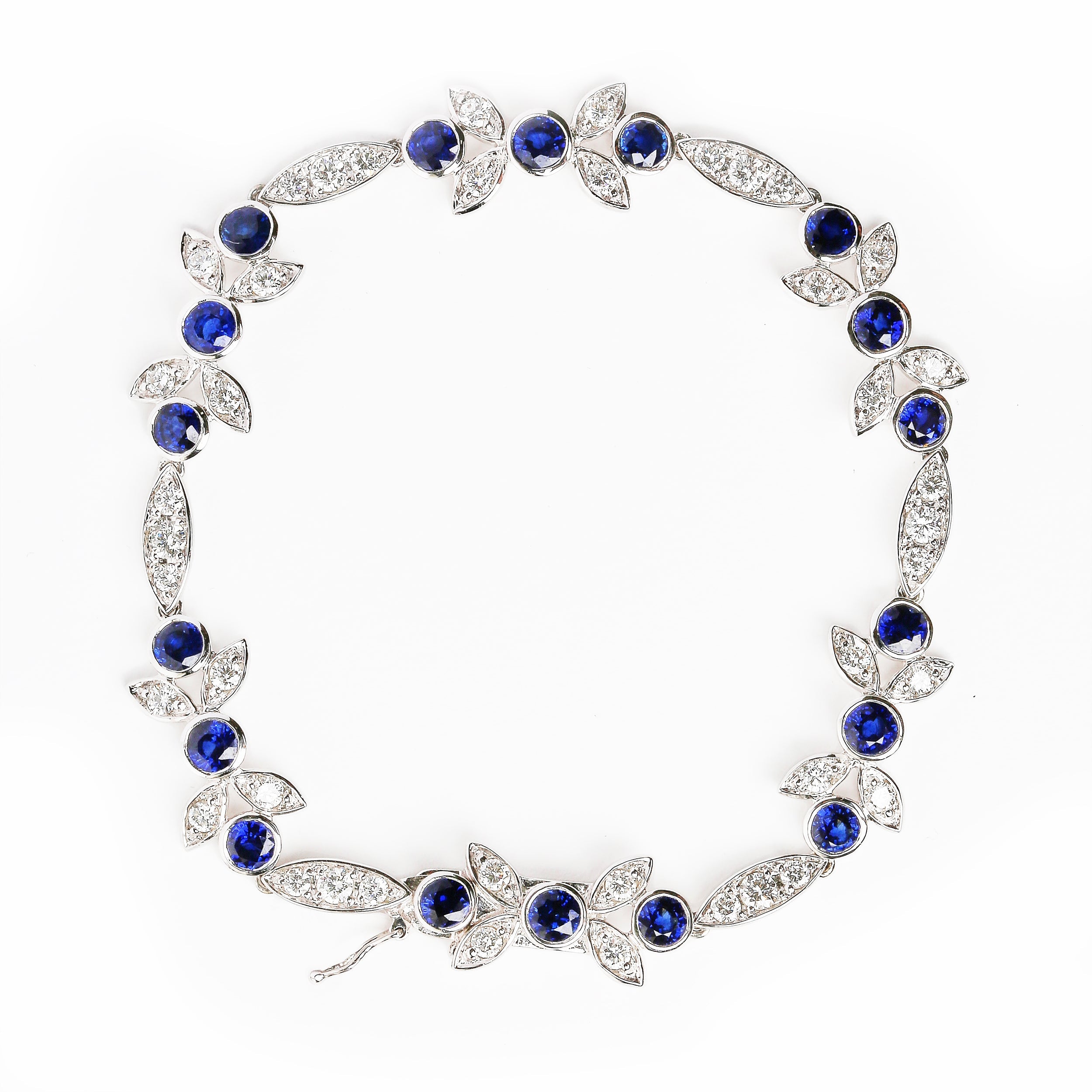 18K White Gold 1 3/4 Cttw Diamond and 3x3mm Round Blue Sapphire Gemstone Floral Link Bracelet G-H Color, SI1-SI2 Clarity - Size 7" on sale at MyriadMart