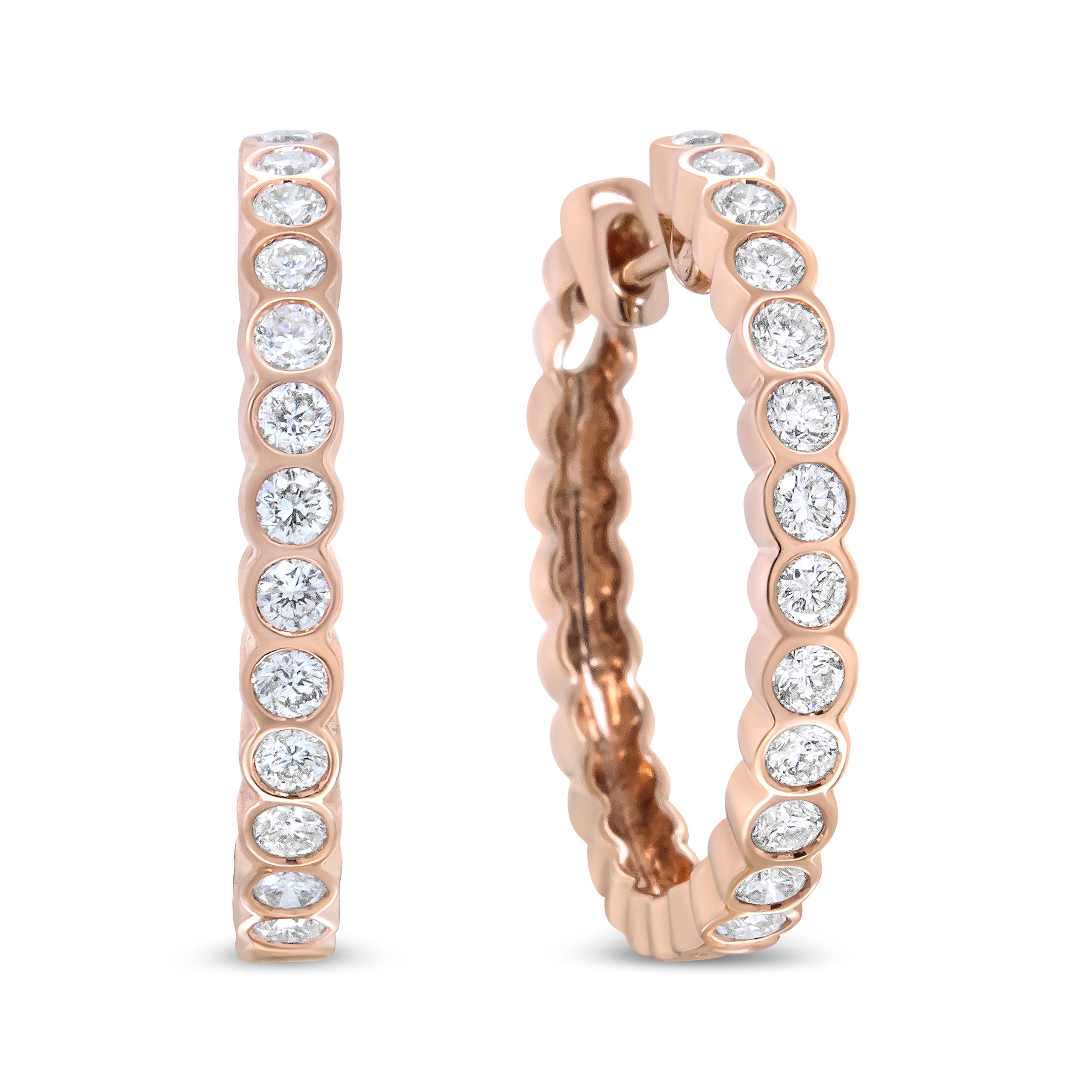 18K Rose Gold 1 Cttw Round Bezel-Set Diamond Hoop Earrings F-G Color, VS1-VS2 Clarity on sale at MyriadMart