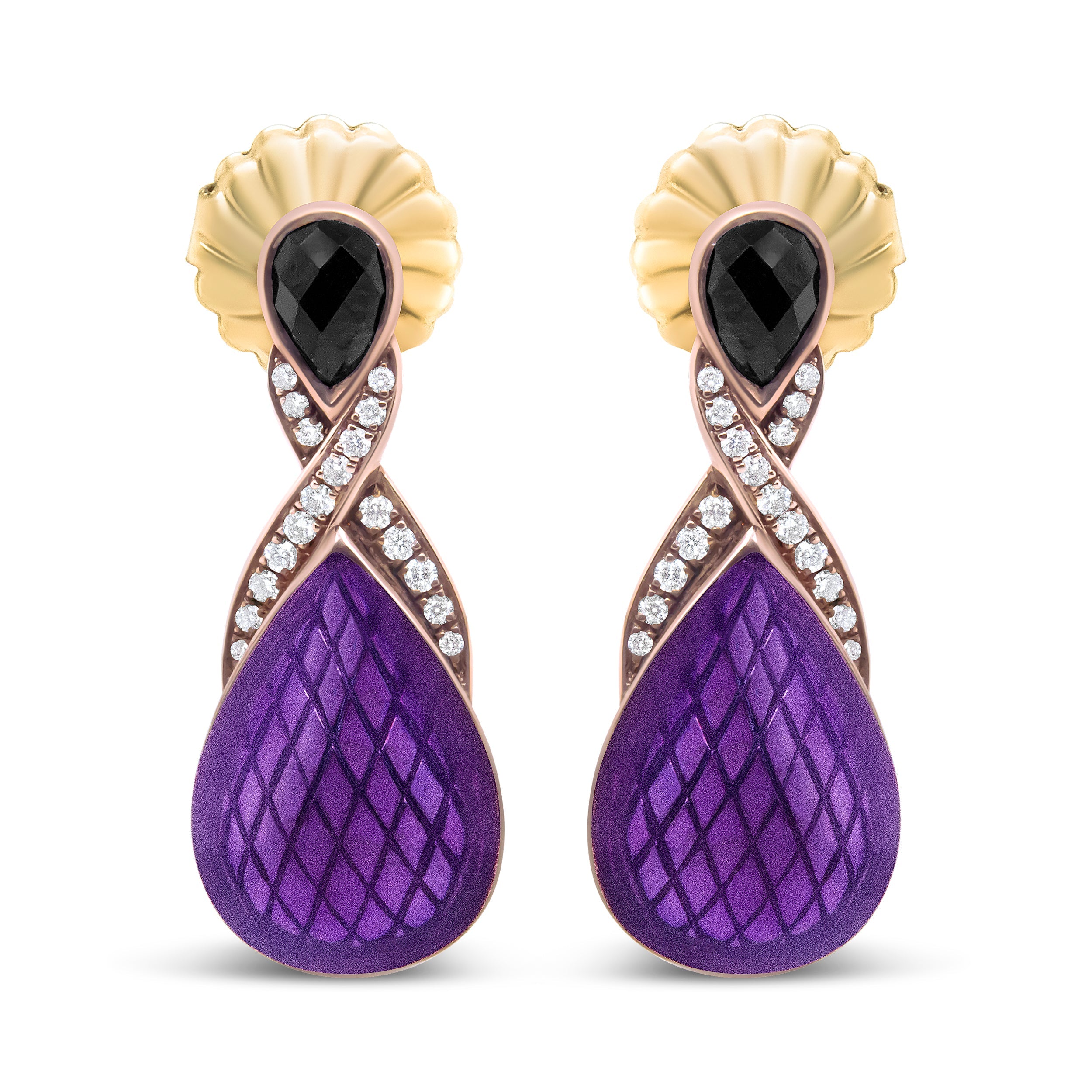 18K Rose Gold Flash Plated .925 Sterling Silver Purple Enamel 1/5 Cttw Round Pave-Set Diamond and 5.5 x 4mm Pear-Shaped Black Onyx Drop Earrings F-G Color, VS1-VS2 Clarity on sale at MyriadMart