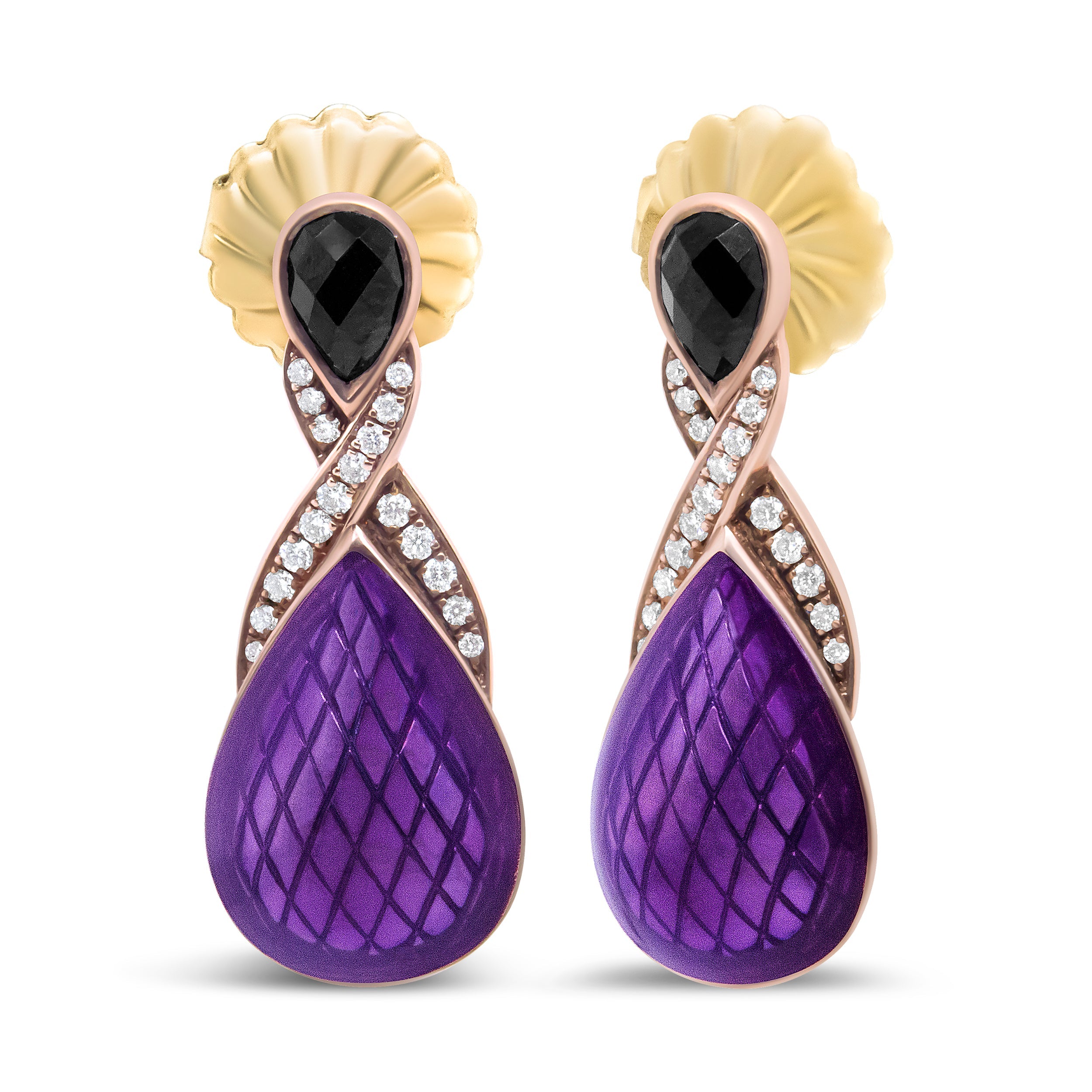 18K Rose Gold Flash Plated .925 Sterling Silver Purple Enamel 1/5 Cttw Round Pave-Set Diamond and 5.5 x 4mm Pear-Shaped Black Onyx Drop Earrings F-G Color, VS1-VS2 Clarity on sale at MyriadMart