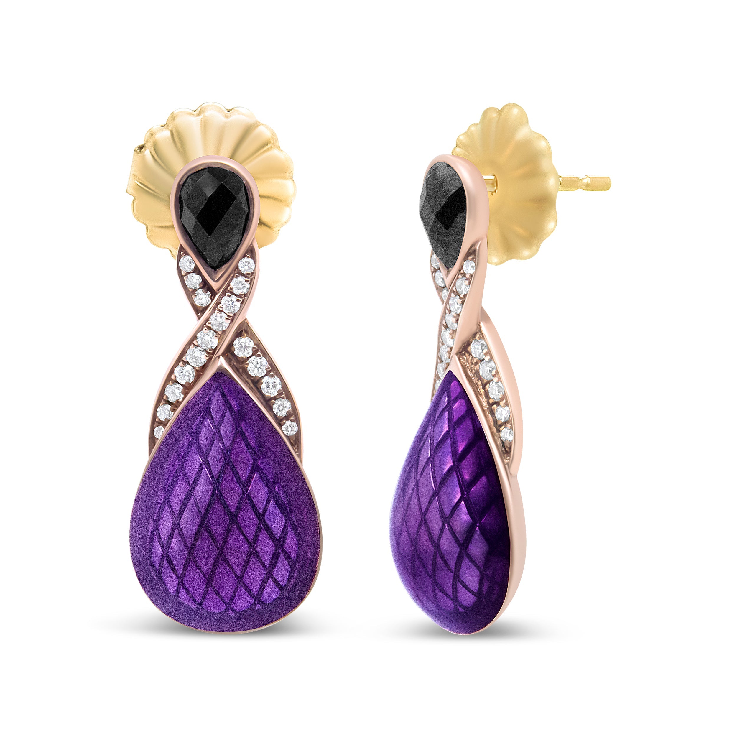 18K Rose Gold Flash Plated .925 Sterling Silver Purple Enamel 1/5 Cttw Round Pave-Set Diamond and 5.5 x 4mm Pear-Shaped Black Onyx Drop Earrings F-G Color, VS1-VS2 Clarity on sale at MyriadMart