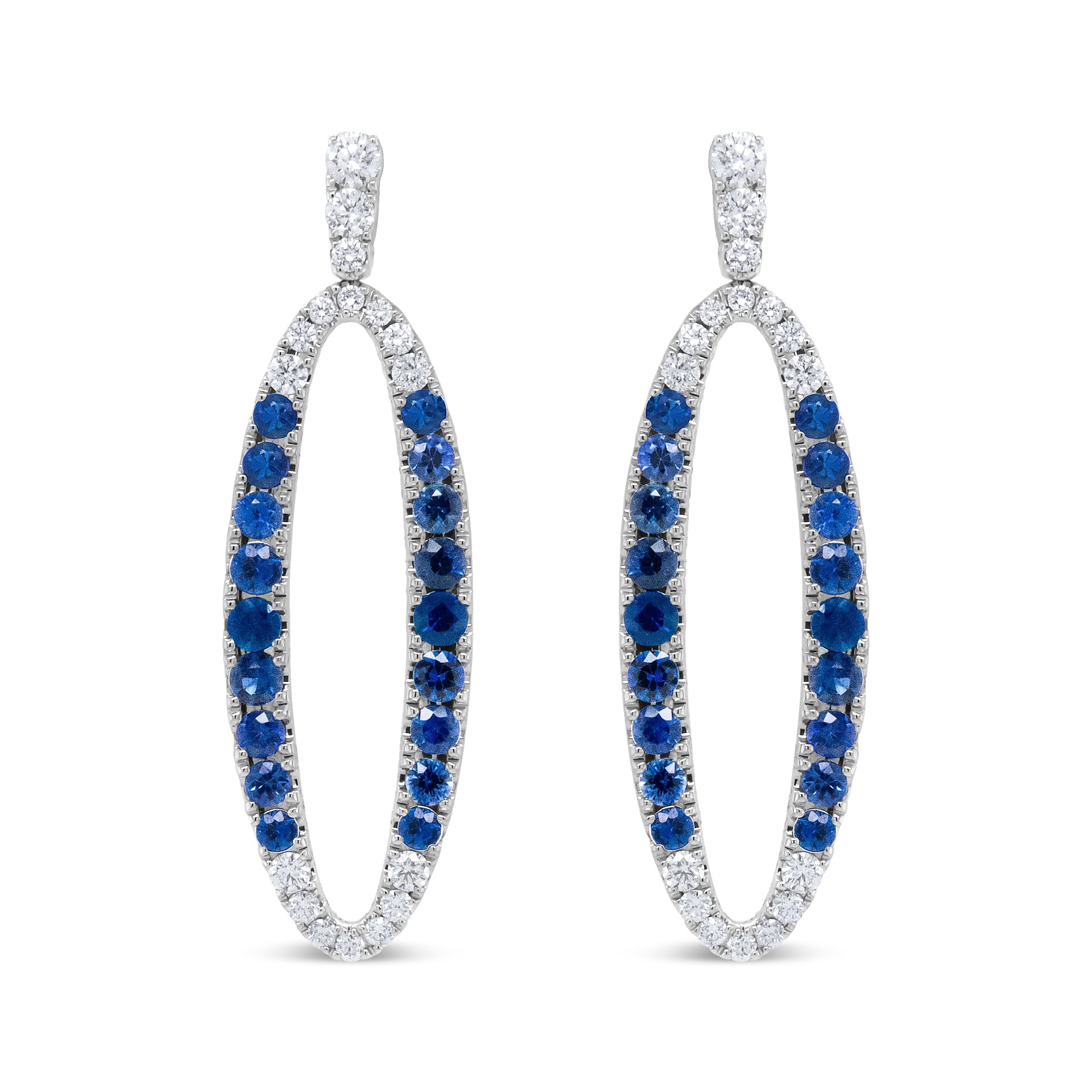 18K White Gold 1.11 Cttw Blue Round Diamond and Blue Sapphire Openwork Oval Shaped Dangle Earrings F-G Color, VS1-VS2 Clarity on sale at MyriadMart