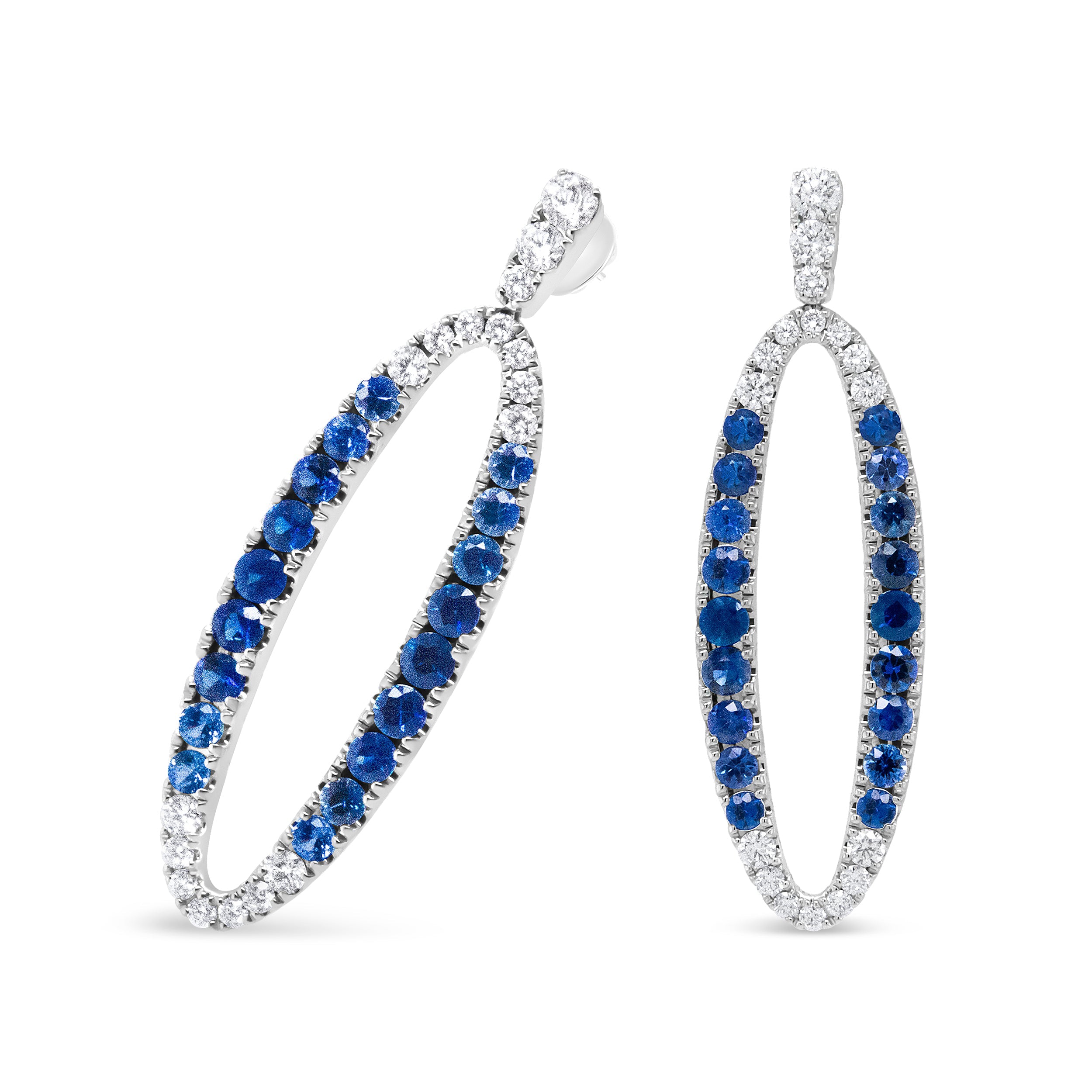 18K White Gold 1.11 Cttw Blue Round Diamond and Blue Sapphire Openwork Oval Shaped Dangle Earrings F-G Color, VS1-VS2 Clarity on sale at MyriadMart
